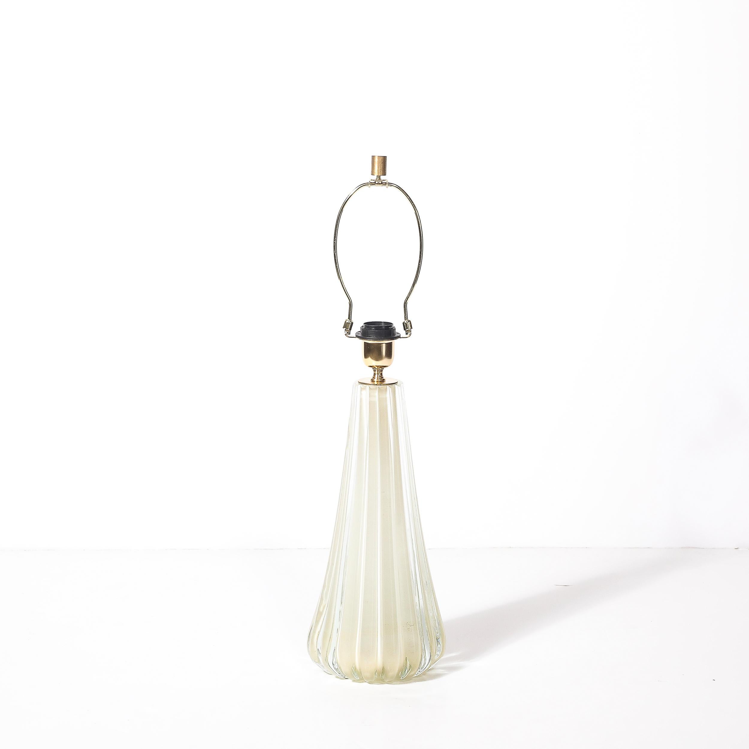 Contemporary Modernist Hand-Blown Fluted Oyster Murano Glass & Brass Table Lamps For Sale