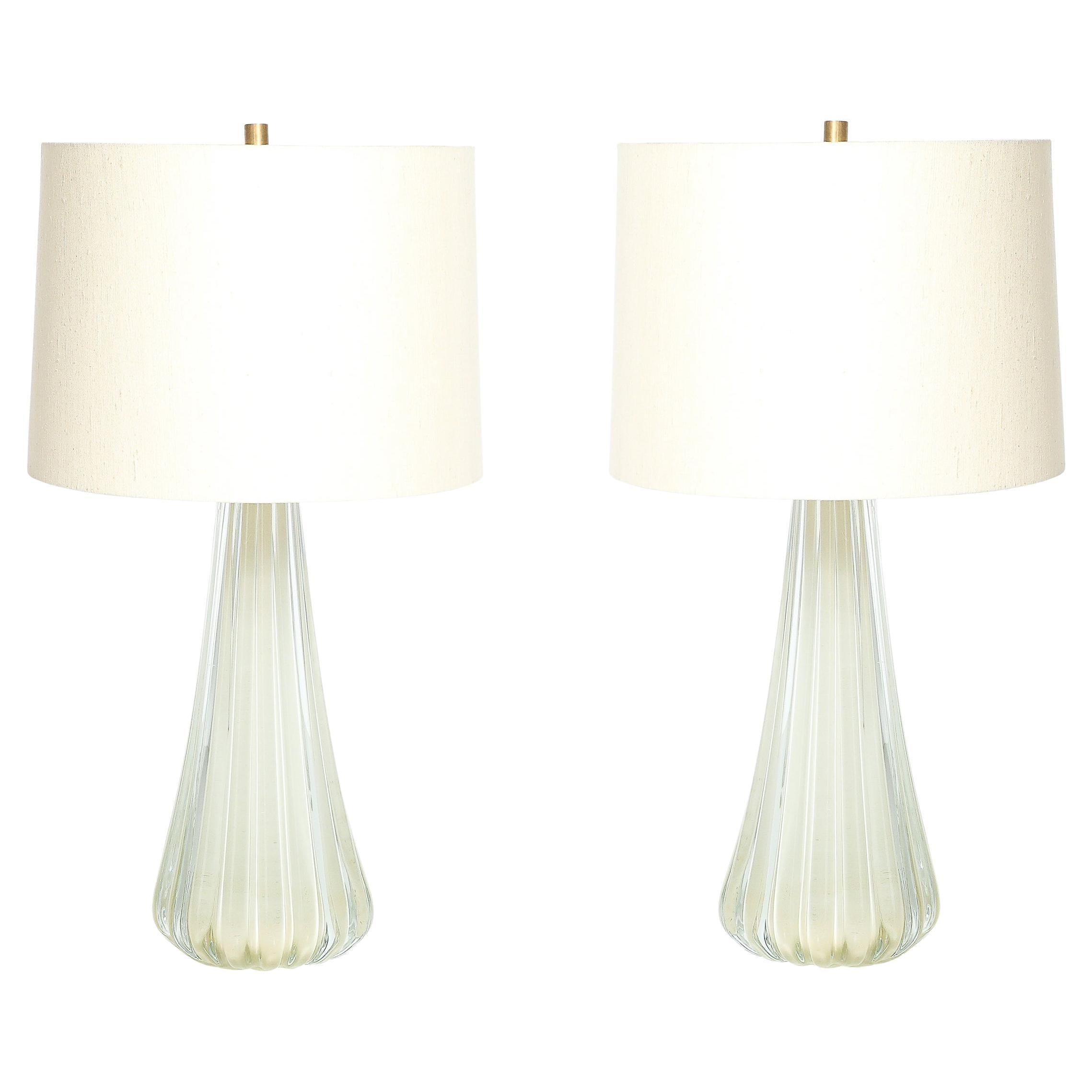 Modernist Hand-Blown Fluted Oyster Murano Glass 
Brass Table Lamps For Sale