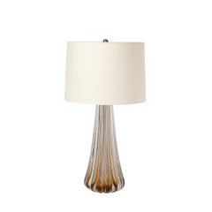 Modernist Hand-Blown Fluted Smoked Amber Murano Glass & Brass Table Lamps