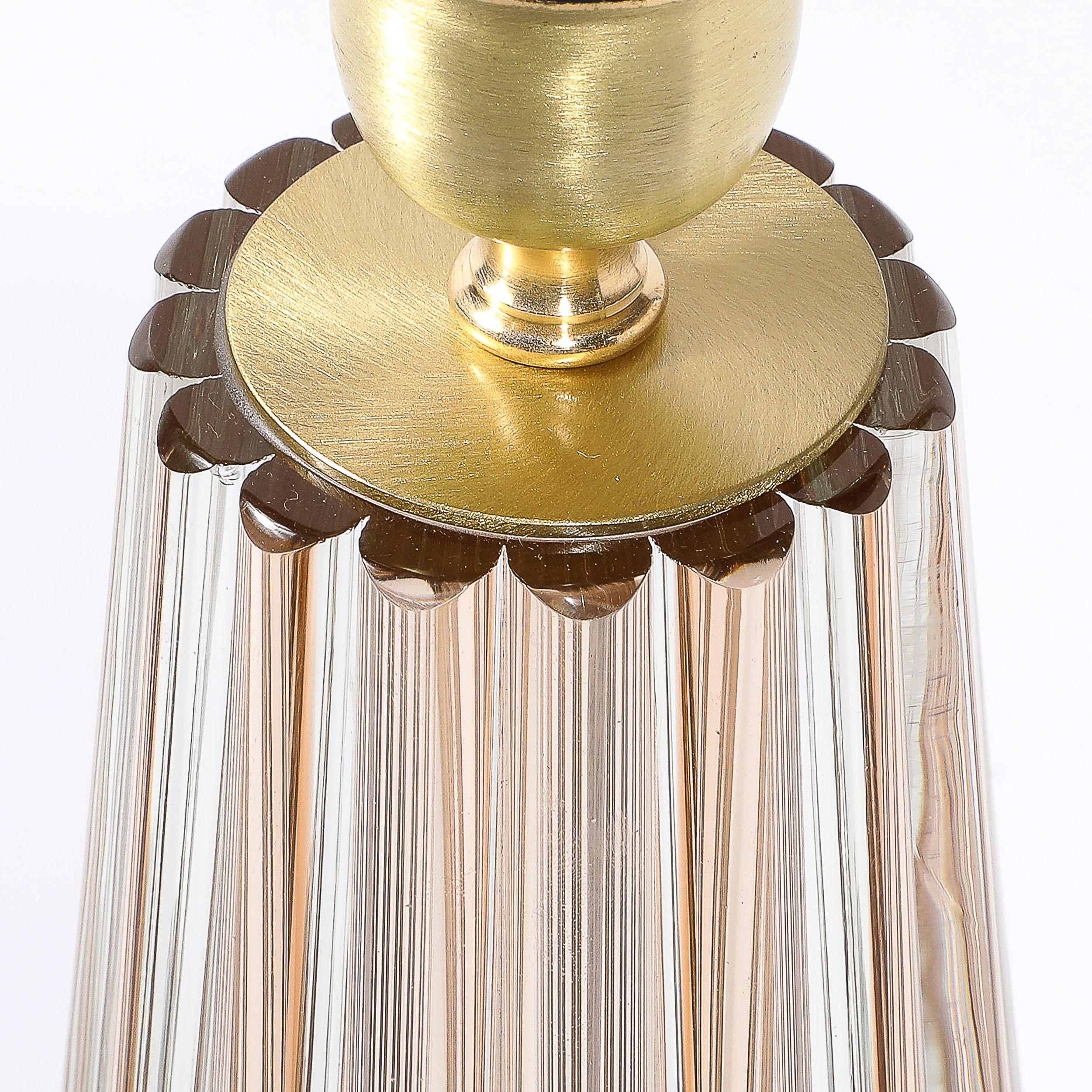 Modernistische mundgeblasene geriffelte Bernstein Murano Glas & Messing Tischlampen (Muranoglas) im Angebot