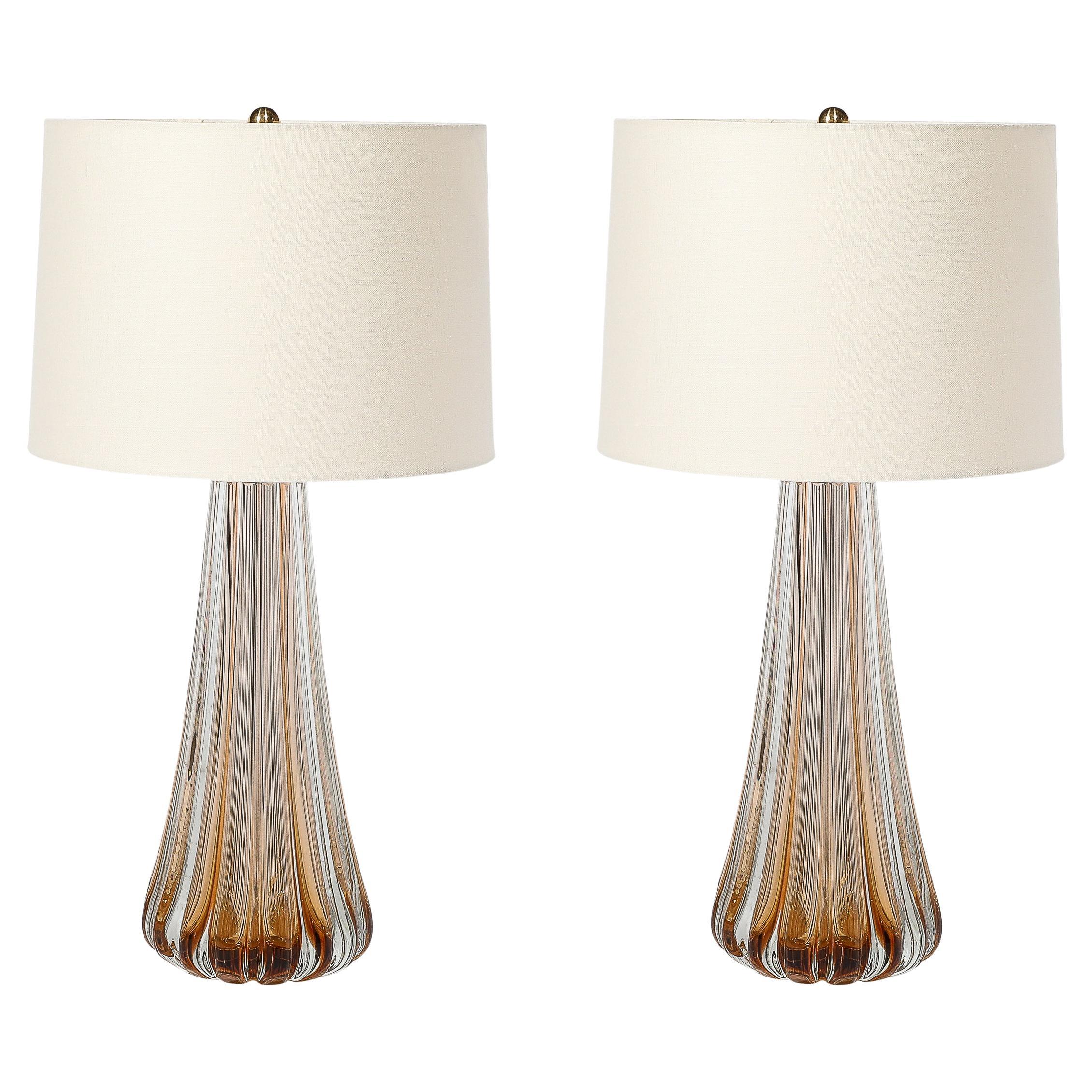 Modernist Hand-Blown Fluted Smoked Amber Murano Glass & Brass Table Lamps