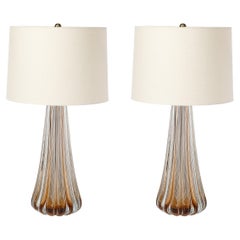 Modernist Hand-Blown Fluted Smoked Amber Murano Glass & Brass Table Lamps
