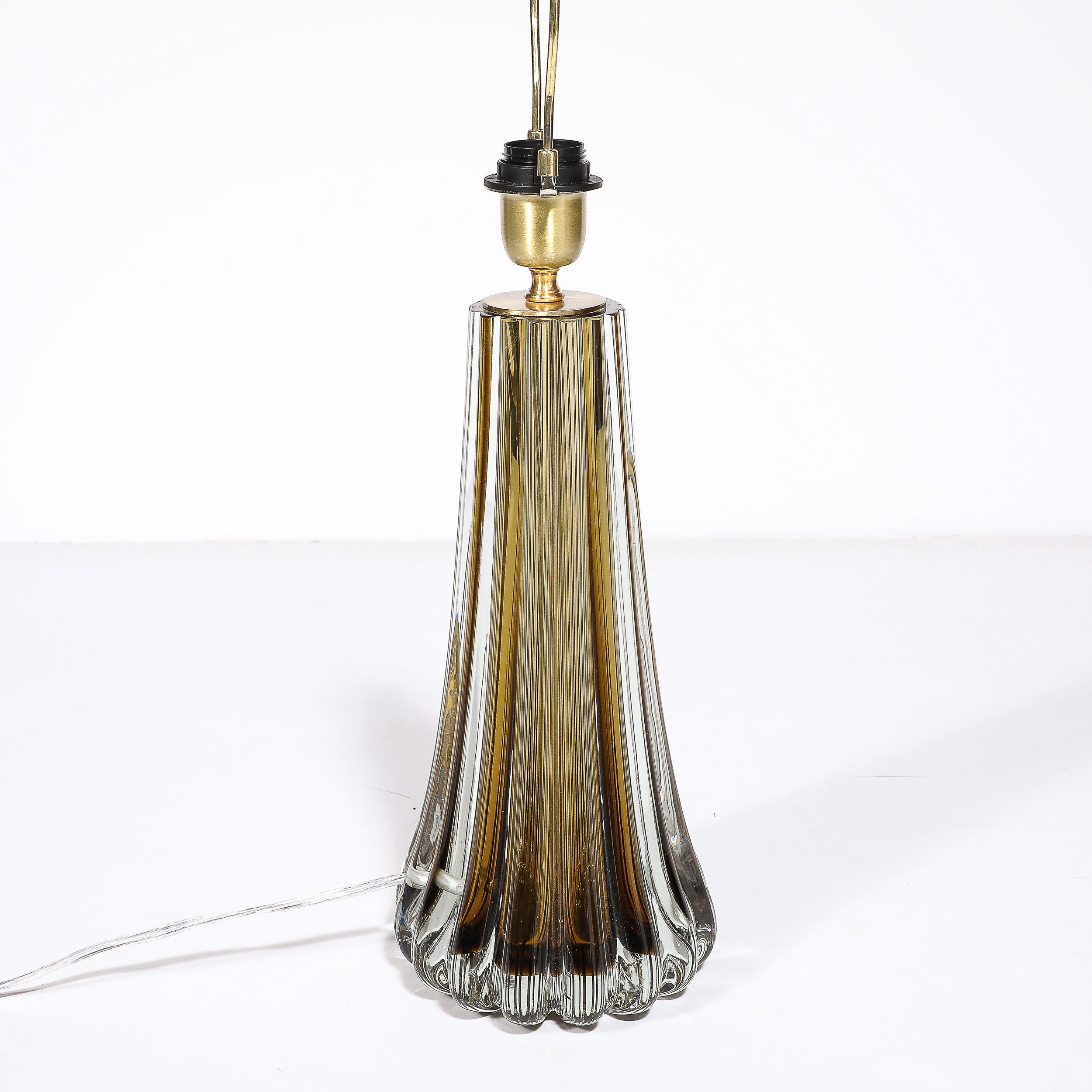 Modernist Hand-Blown Fluted Smoked Topaz Murano Glass & Brass Table Lamps For Sale 7