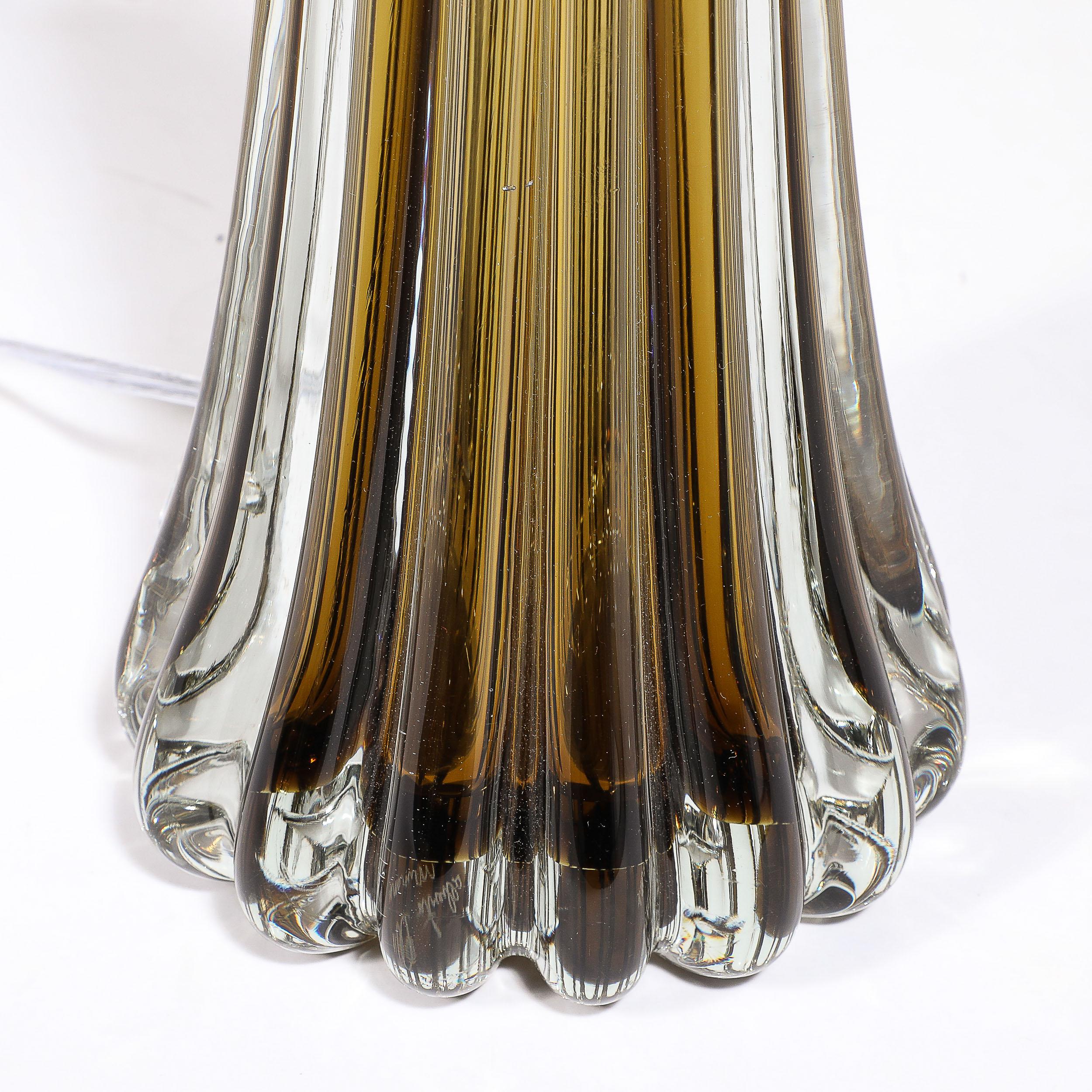 Modernist Hand-Blown Fluted Smoked Topaz Murano Glass & Brass Table Lamps 9
