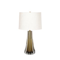 Modernist Hand-Blown Fluted Smoked Topaz Murano Glass & Brass Table Lamps