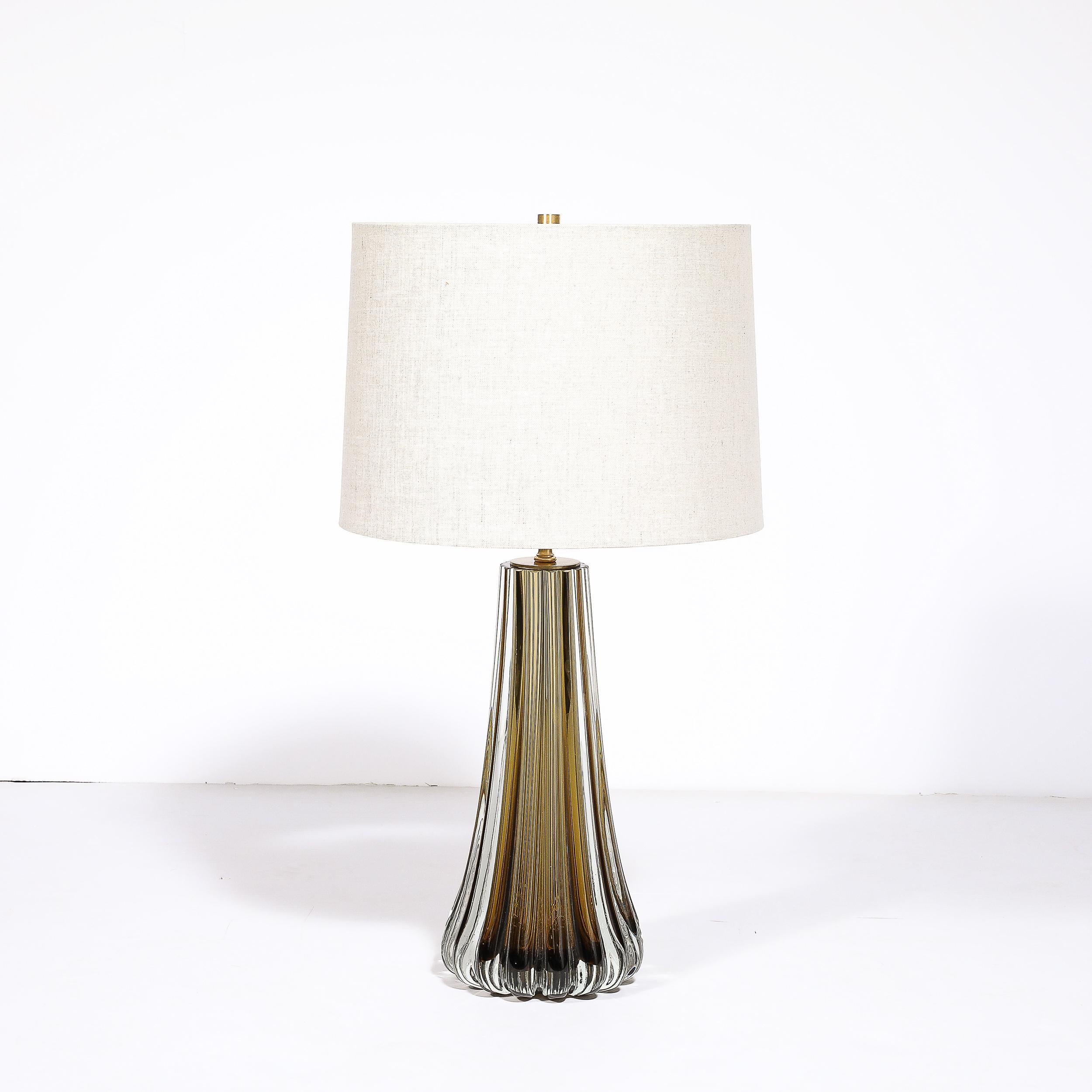 Italian Modernist Hand-Blown Fluted Smoked Topaz Murano Glass & Brass Table Lamps For Sale