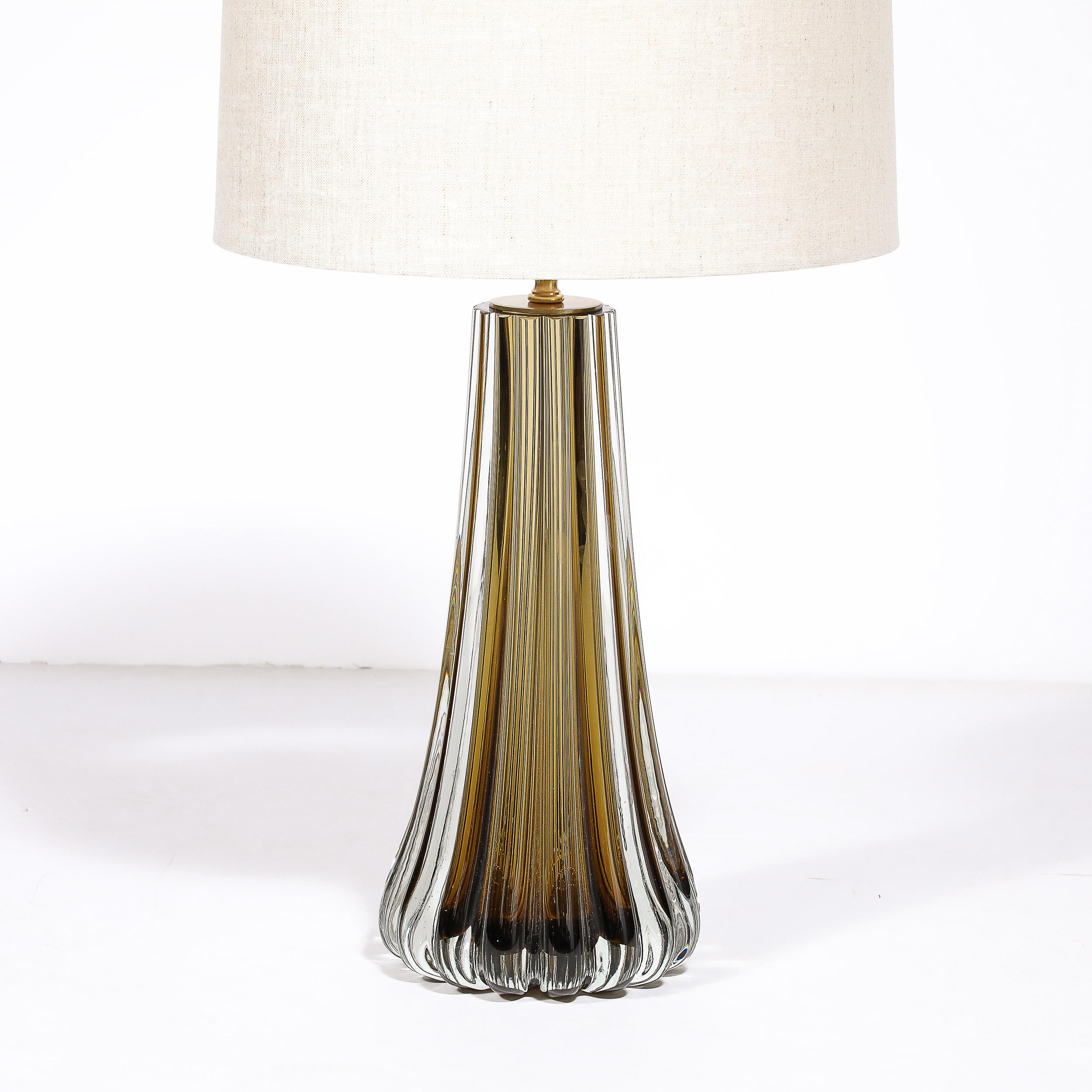 Modernist Hand-Blown Fluted Smoked Topaz Murano Glass & Brass Table Lamps In New Condition For Sale In New York, NY