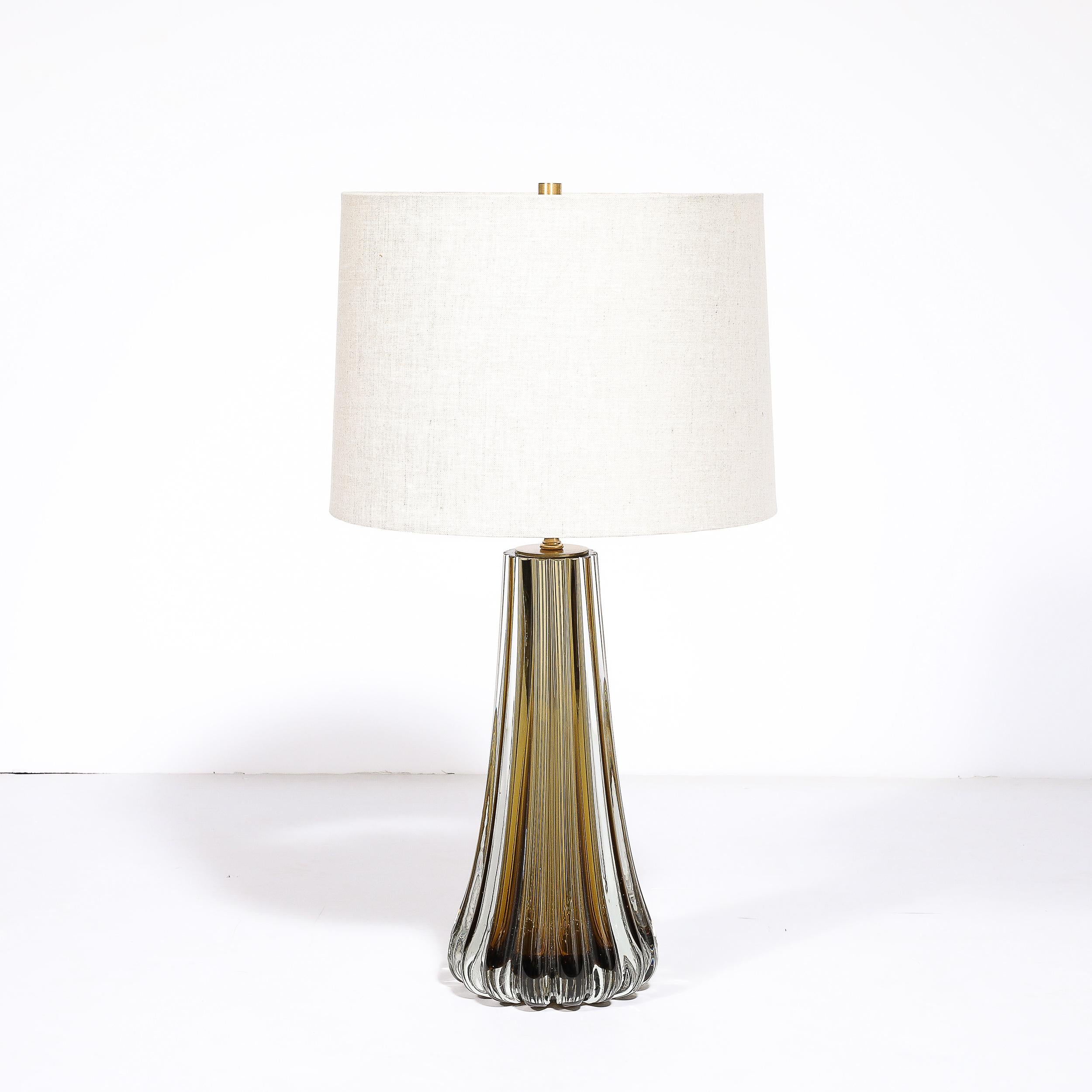 Contemporary Modernist Hand-Blown Fluted Smoked Topaz Murano Glass & Brass Table Lamps For Sale