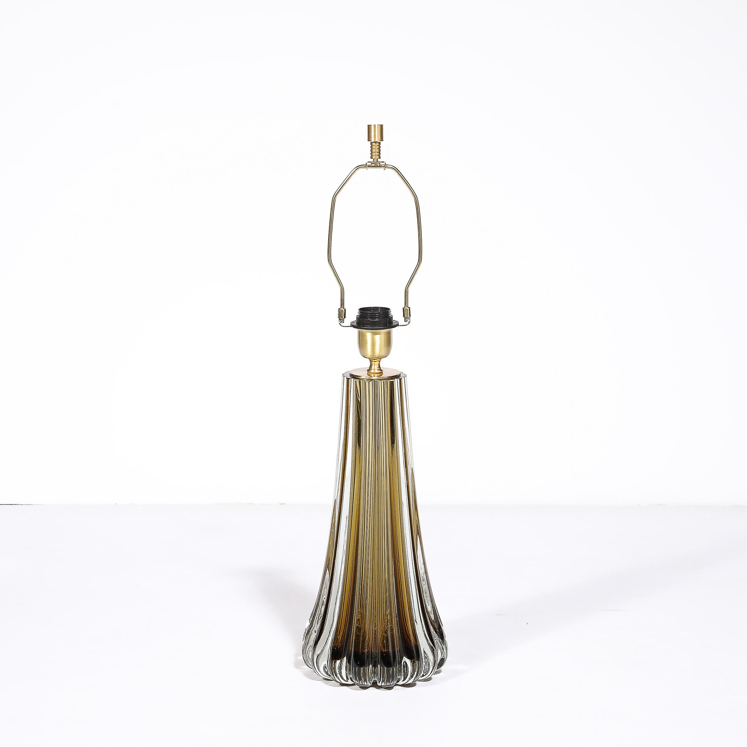 Modernist Hand-Blown Fluted Smoked Topaz Murano Glass & Brass Table Lamps For Sale 1