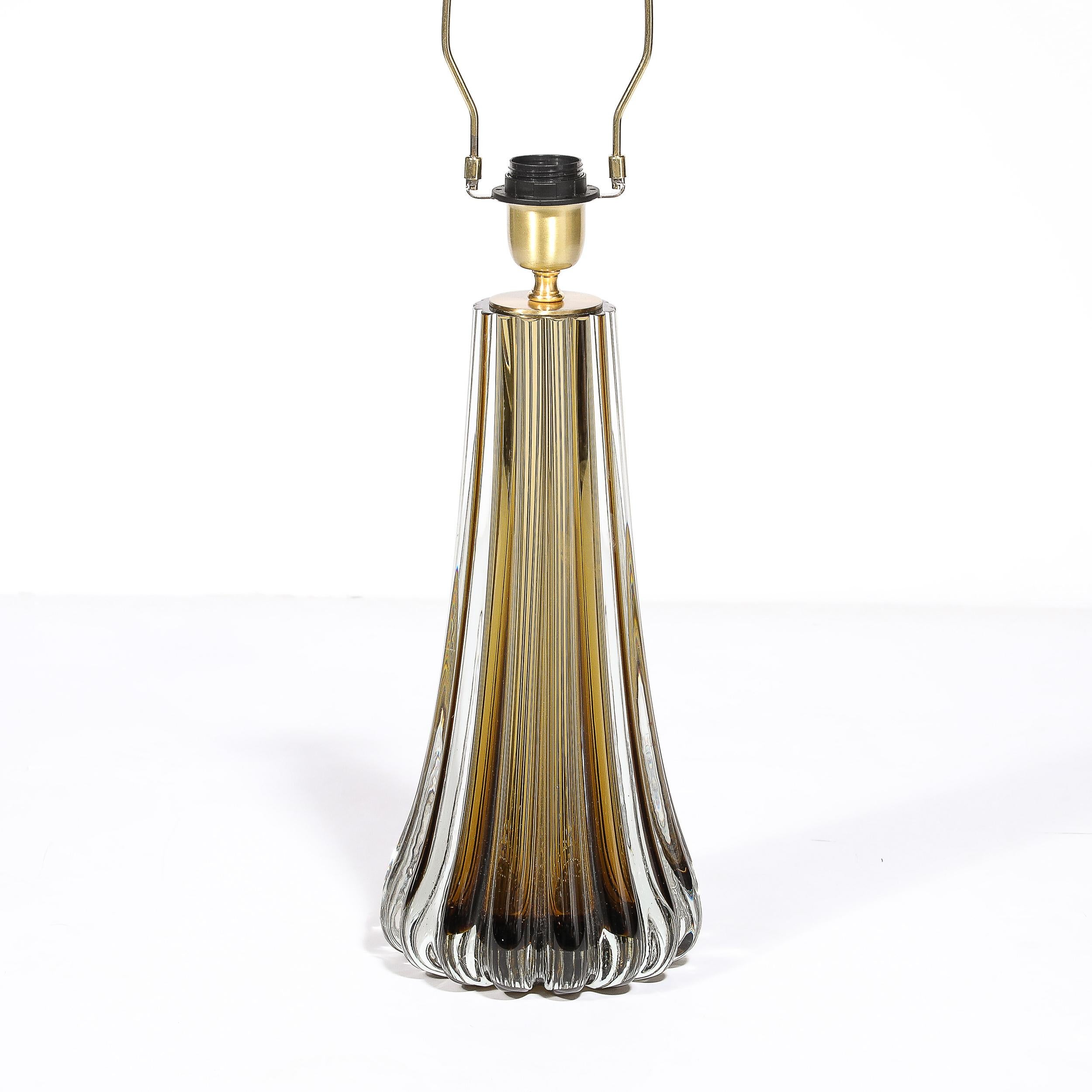 Modernist Hand-Blown Fluted Smoked Topaz Murano Glass & Brass Table Lamps For Sale 2
