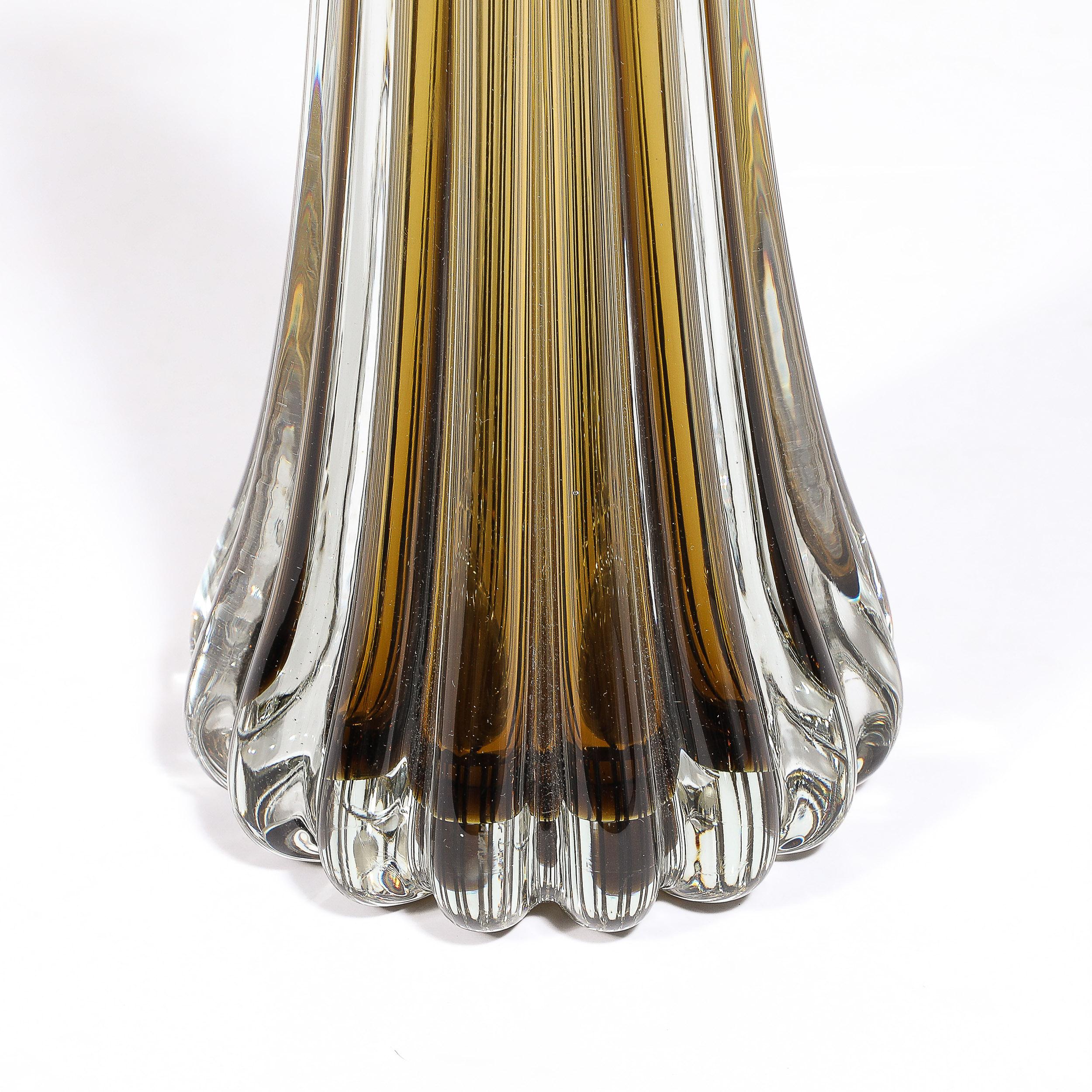 Modernist Hand-Blown Fluted Smoked Topaz Murano Glass & Brass Table Lamps For Sale 3