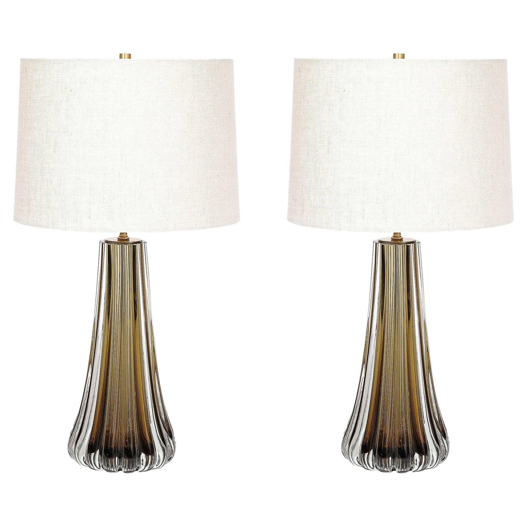 Modernist Hand-Blown Fluted Smoked Topaz Murano Glass & Brass Table Lamps For Sale
