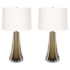 Modernist Hand-Blown Fluted Smoked Topaz Murano Glass & Brass Table Lamps
