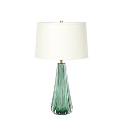 Modernist Hand-Blown Fluted Translucent Sea Green Hue Murano Glass Table Lamps