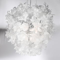 Modernist Hand-Blown Frosted & Clear Murano Glass Ethereal Bloom Bud Chandelier