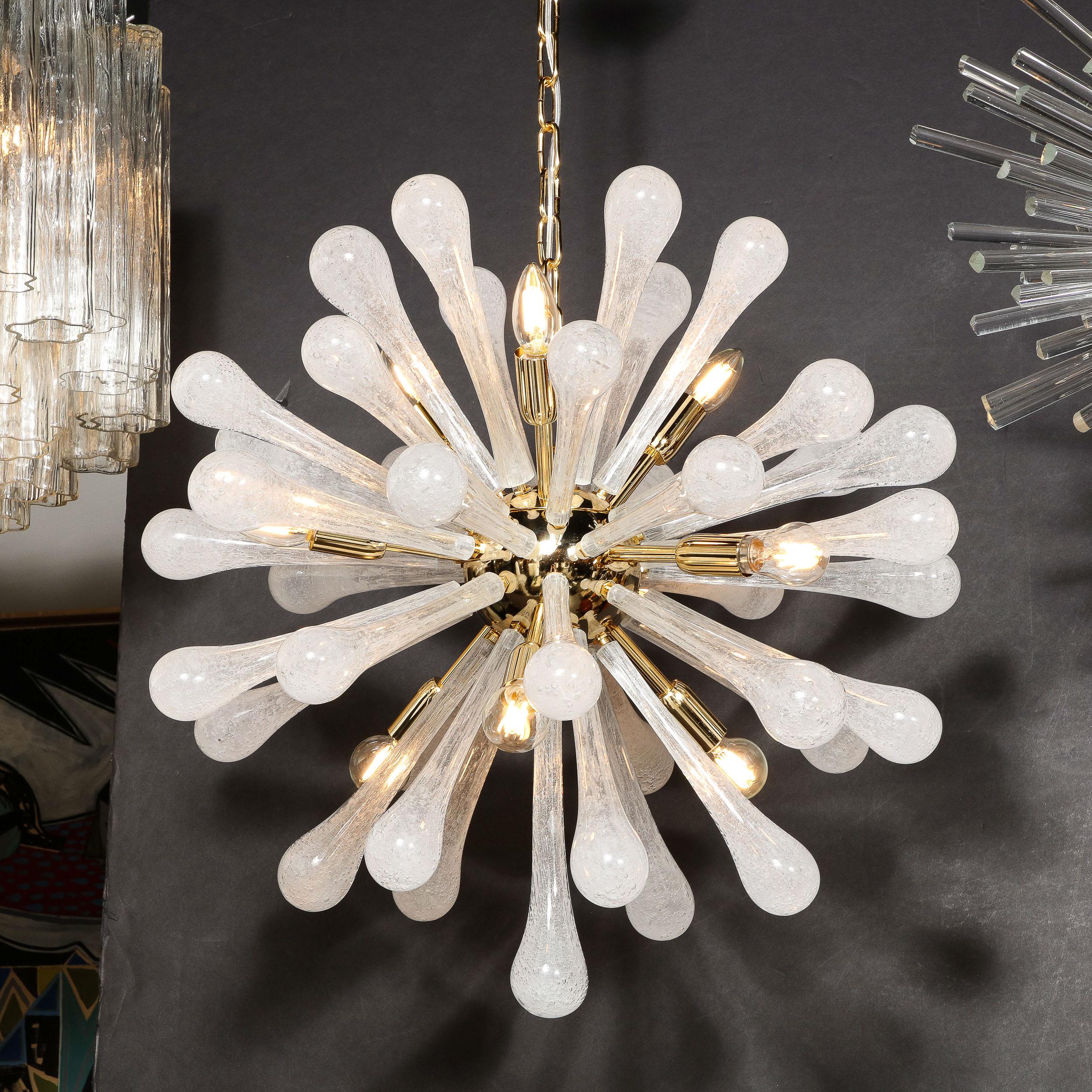 Modernist Hand Blown Frosted White Murano Glass & Brass Sputnik Chandelier In New Condition For Sale In New York, NY