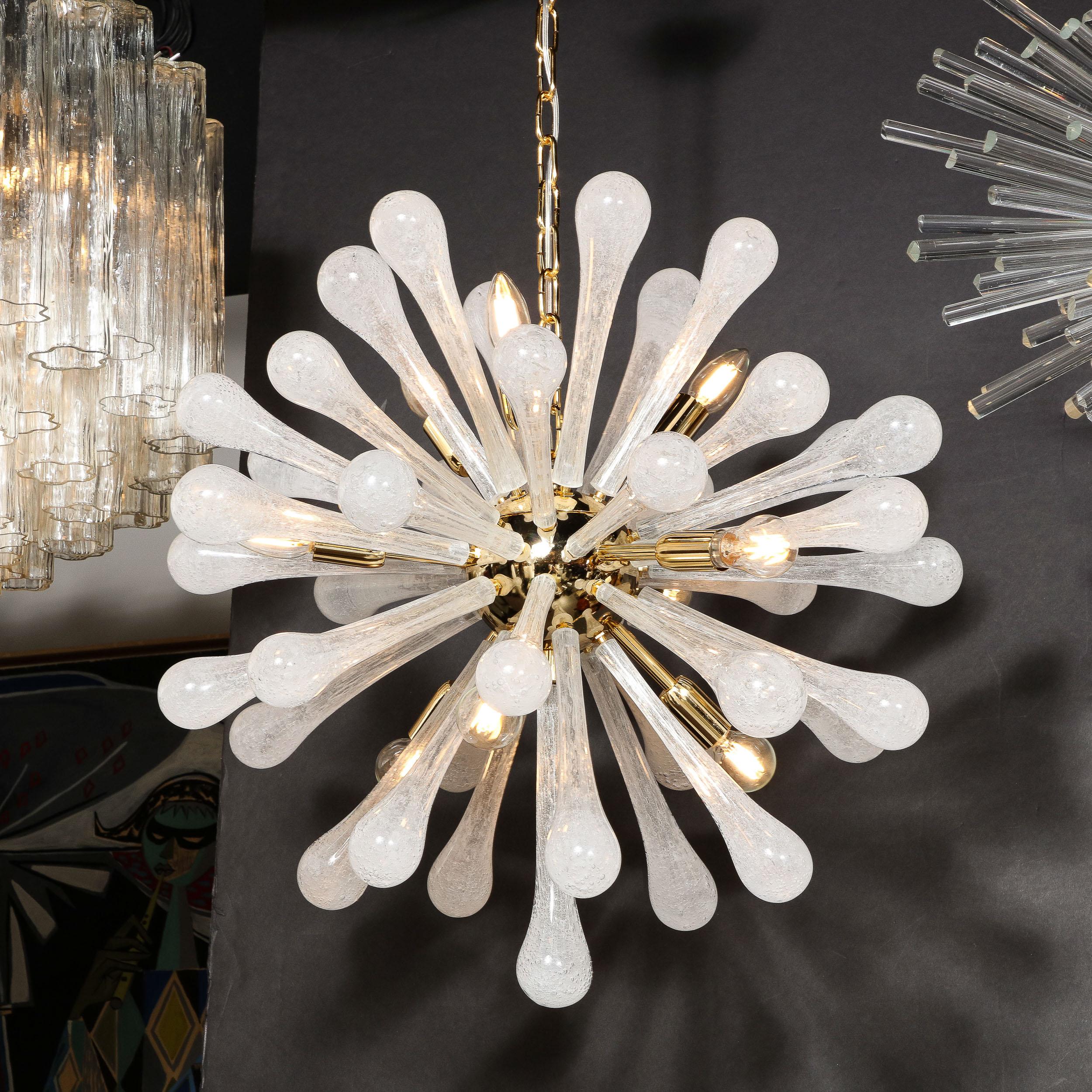 Contemporary Modernist Hand Blown Frosted White Murano Glass & Brass Sputnik Chandelier For Sale