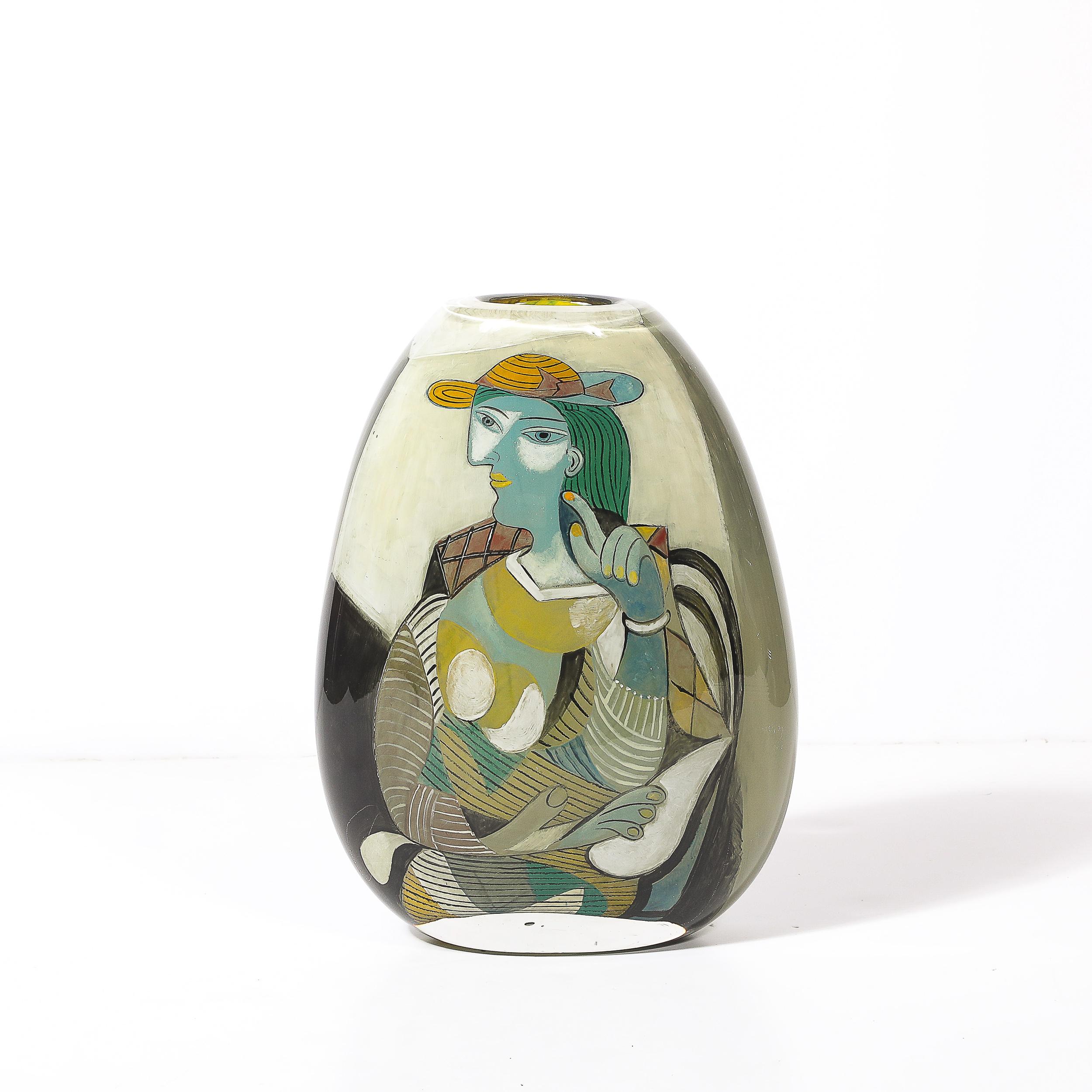Moderne Vase moderniste en verre soufflé à la bouche avec motif Picasso signé Ada Loumani en vente