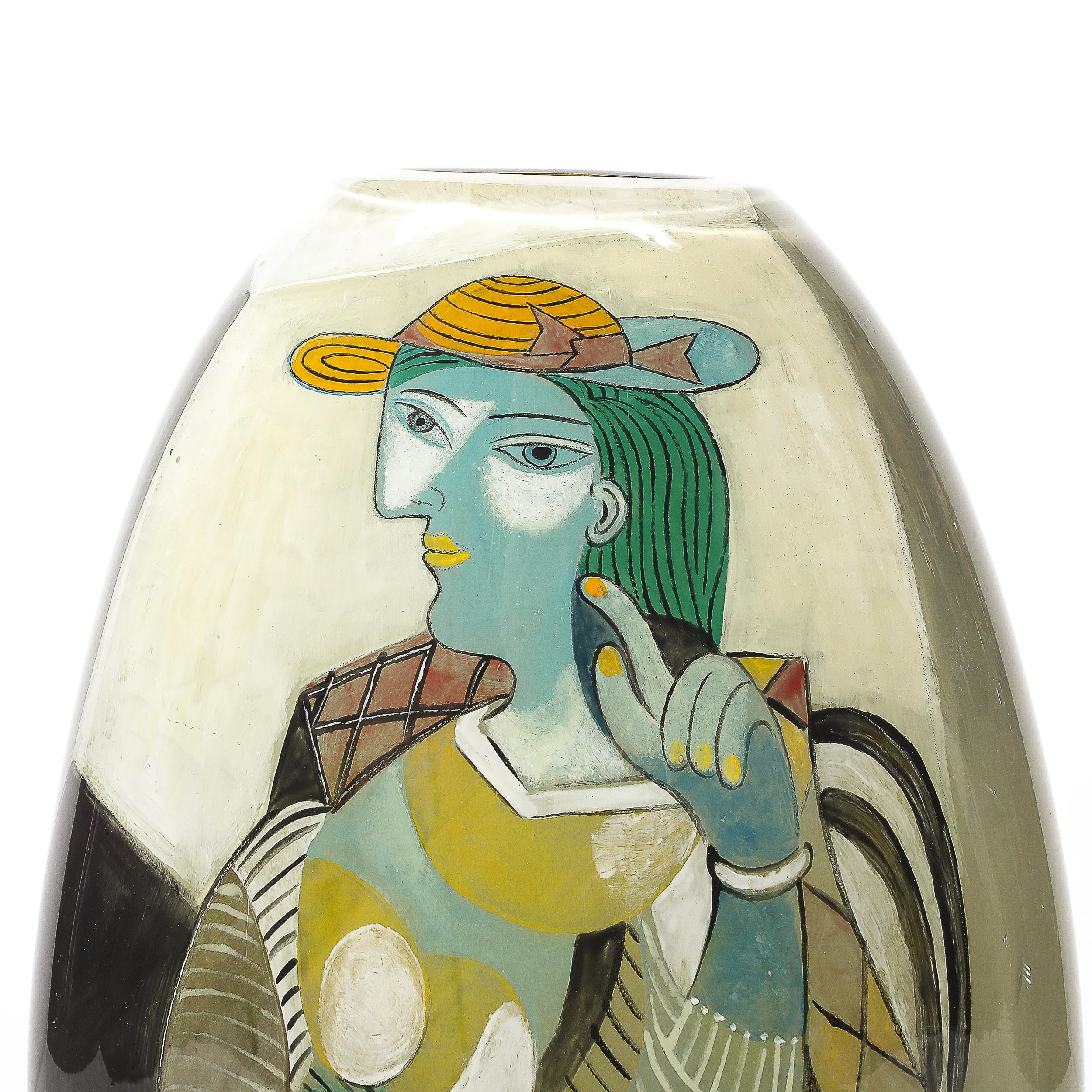 Vase moderniste en verre soufflé à la bouche avec motif Picasso signé Ada Loumani Excellent état - En vente à New York, NY