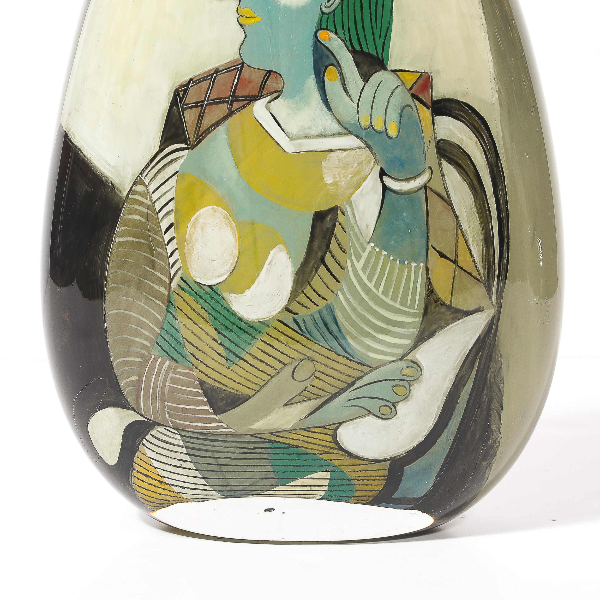 Fin du 20e siècle Vase moderniste en verre soufflé à la bouche avec motif Picasso signé Ada Loumani en vente