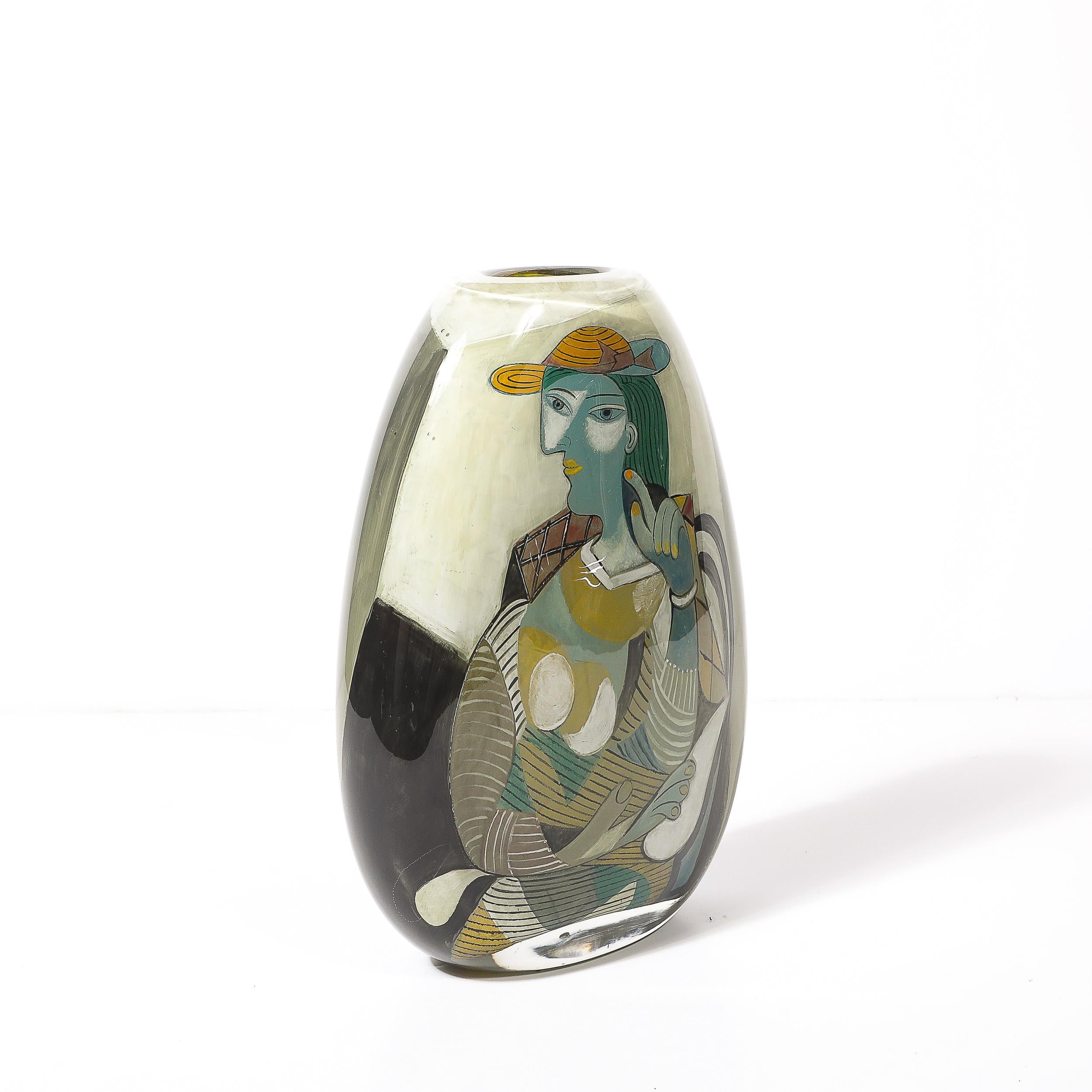 Vase moderniste en verre soufflé à la bouche avec motif Picasso signé Ada Loumani en vente 2