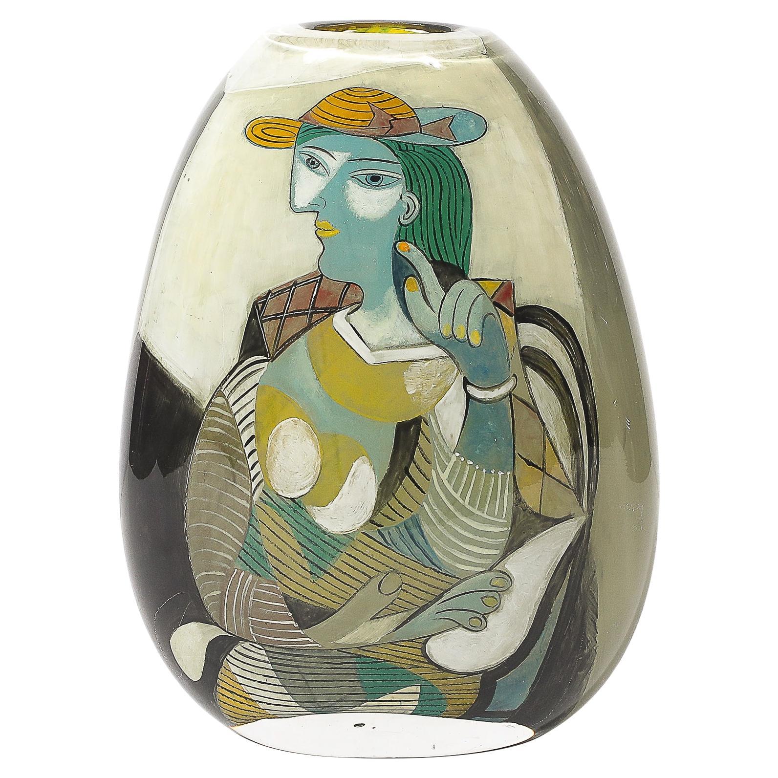 Vase moderniste en verre soufflé à la bouche avec motif Picasso signé Ada Loumani en vente
