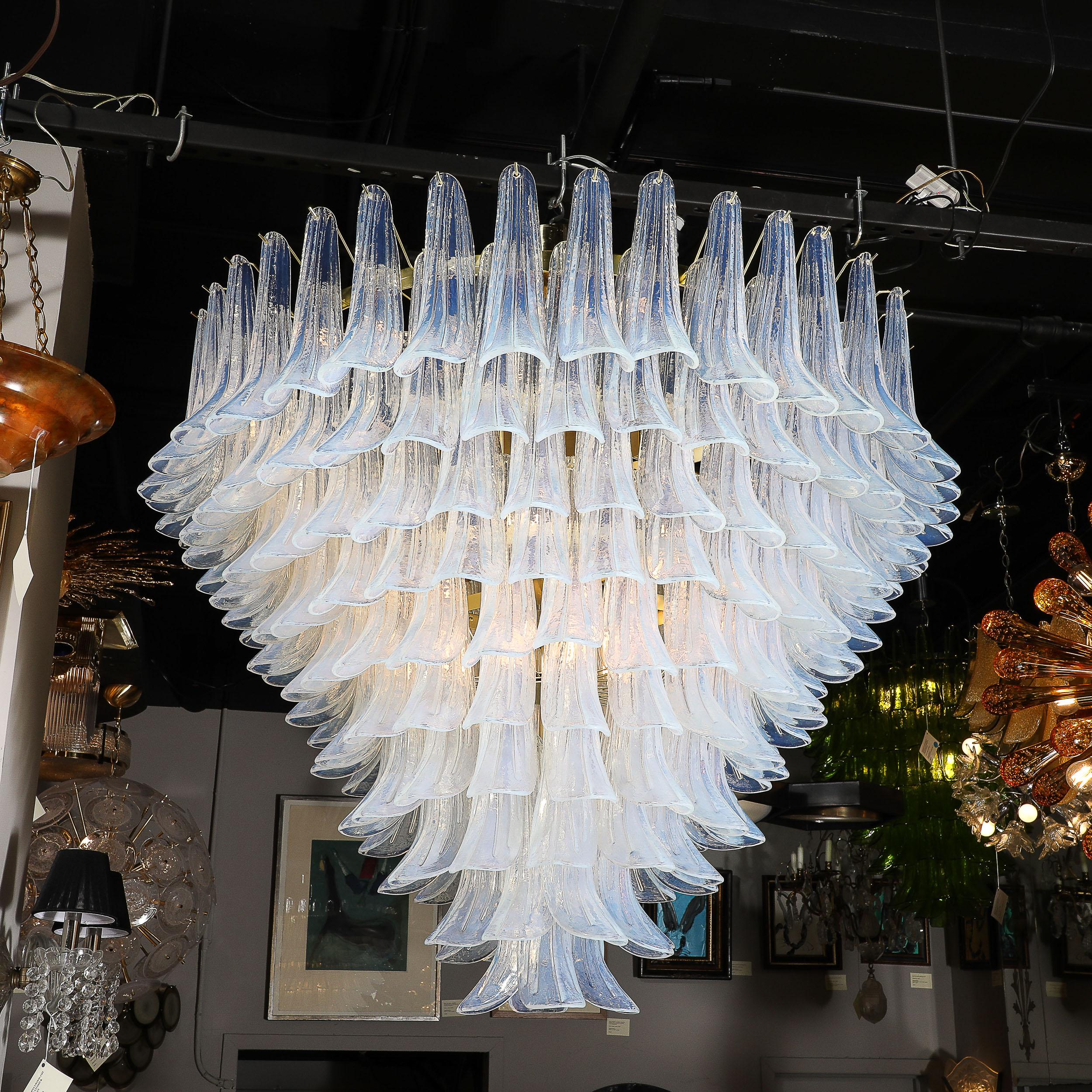 Contemporary Modernist Hand-Blown Iridescent Murano Glass Feather Chandelier w/ Brass Fitting For Sale