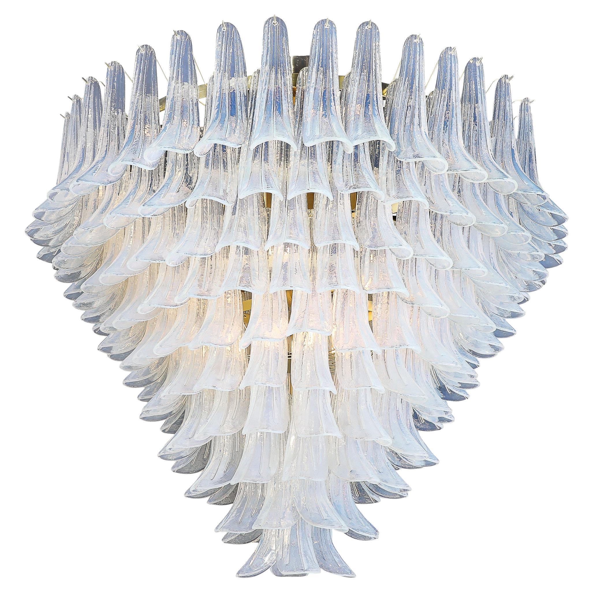 Modernist Hand-Blown Iridescent Murano Glass Feather Chandelier w/ Brass Fitting For Sale