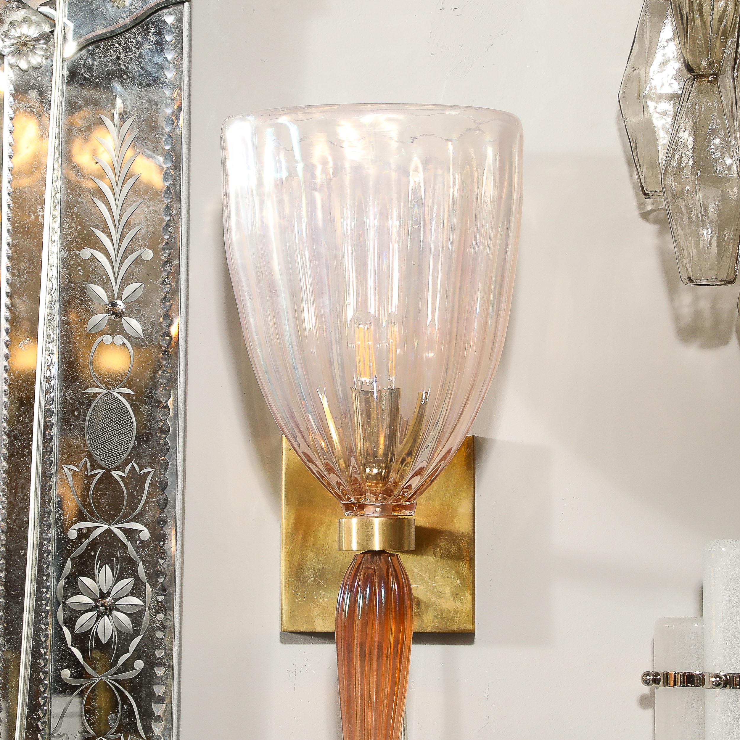 Apliques acanalados modernistas de cristal de Murano rosa iridiscente soplado a mano c/ gota de espiga 6