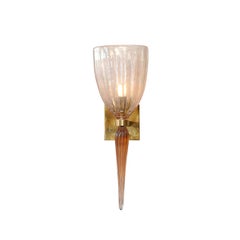 Modernist Hand-Blown Iridescent Pink Murano Glass Fluted Sconces w/ Spike Drop