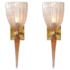 Modernist Hand-Blown Iridescent Pink Murano Glass Fluted Sconces w/ Spike Drop