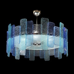 Modernist Hand-Blown Mixed Blue Murano Glass Paneled Chandelier with Diffuser