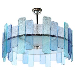 Modernist Hand-Blown Mixed Blue Murano Glass Paneled Chandelier with Diffuser