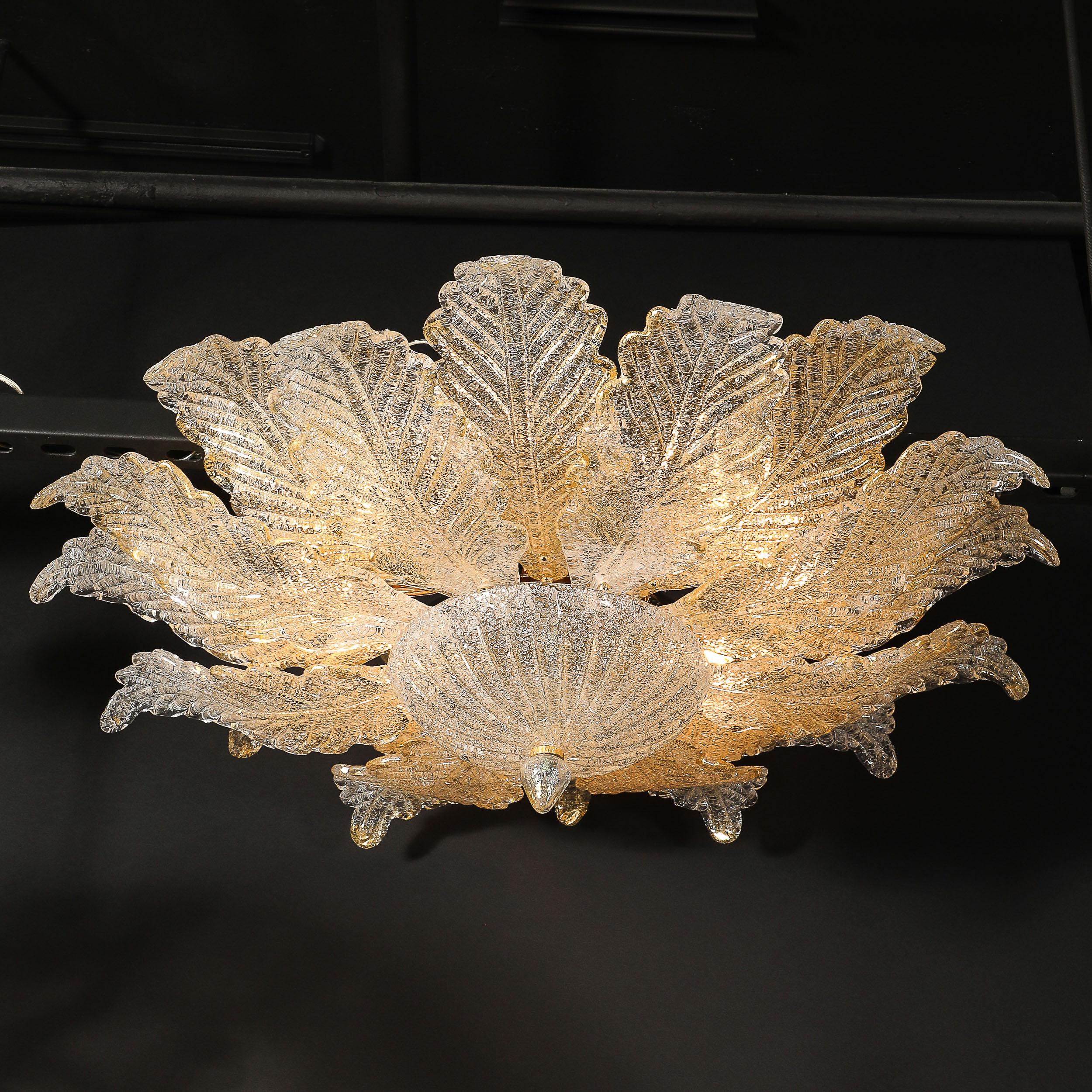 Modernist Hand-Blown Mottled Murano 24K Gold Fleck Glass Acanthus Flush Mount For Sale 10