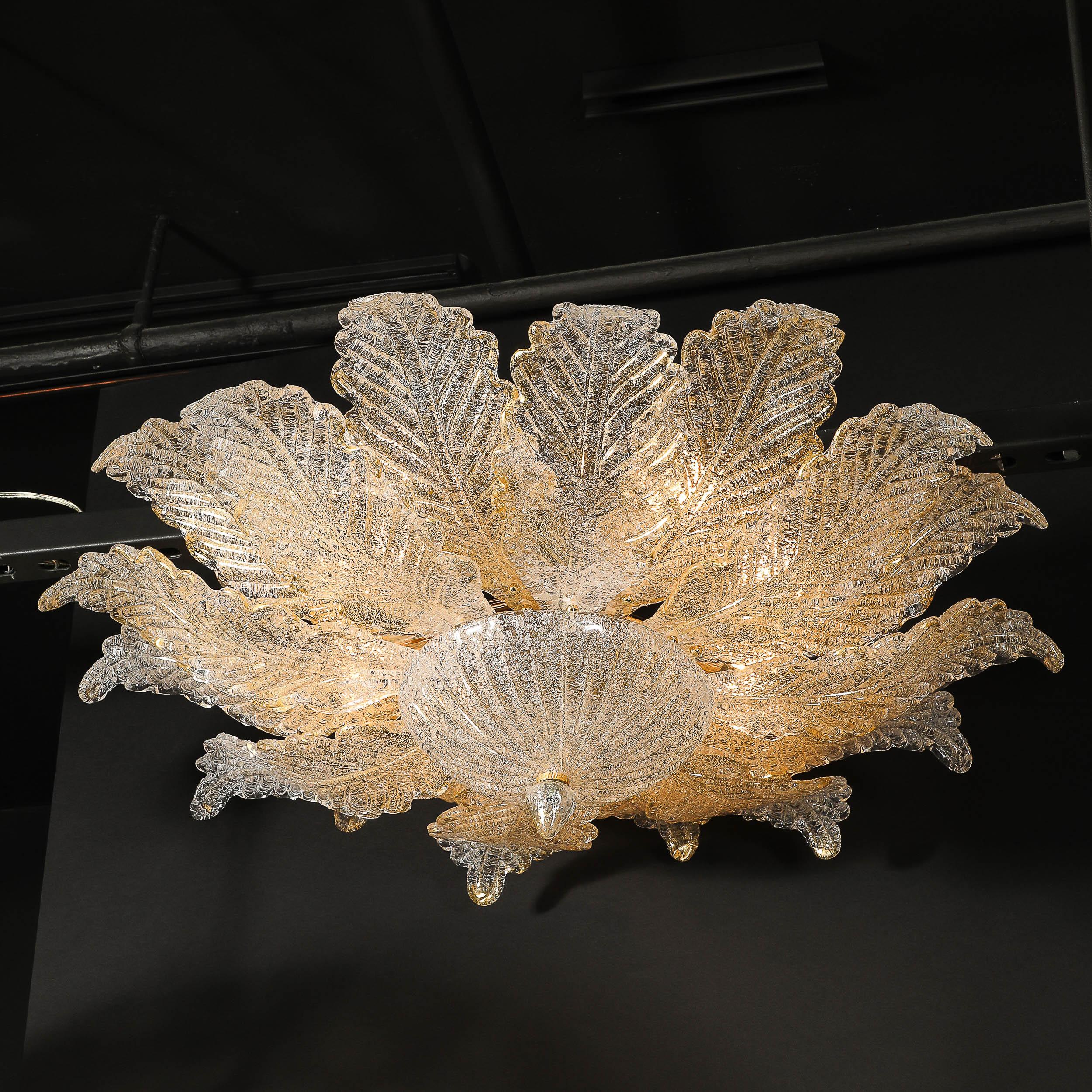 Modernist Hand-Blown Mottled Murano 24K Gold Fleck Glass Acanthus Flush Mount For Sale 11
