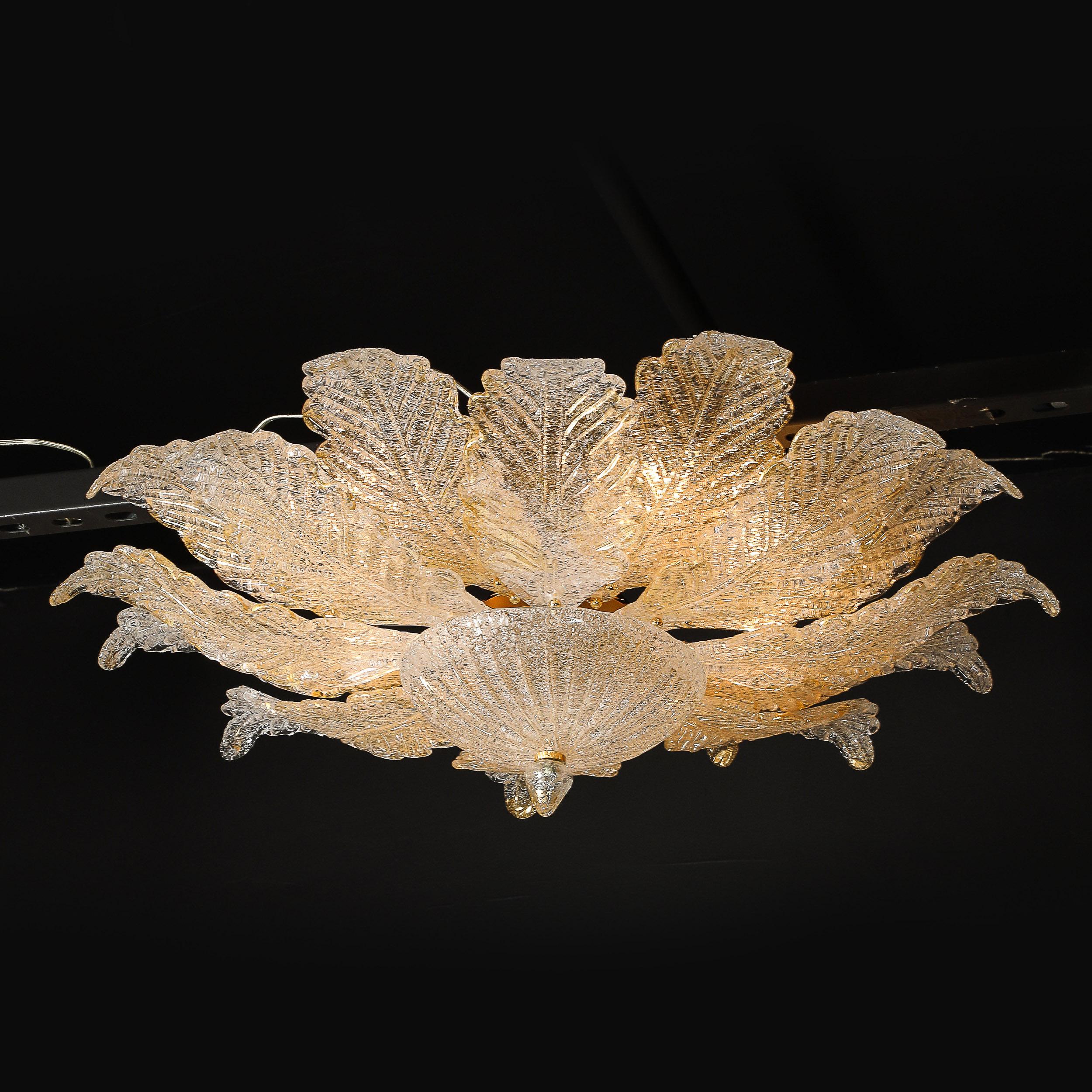 Modernist Hand-Blown Mottled Murano 24K Gold Fleck Glass Acanthus Flush Mount For Sale 12