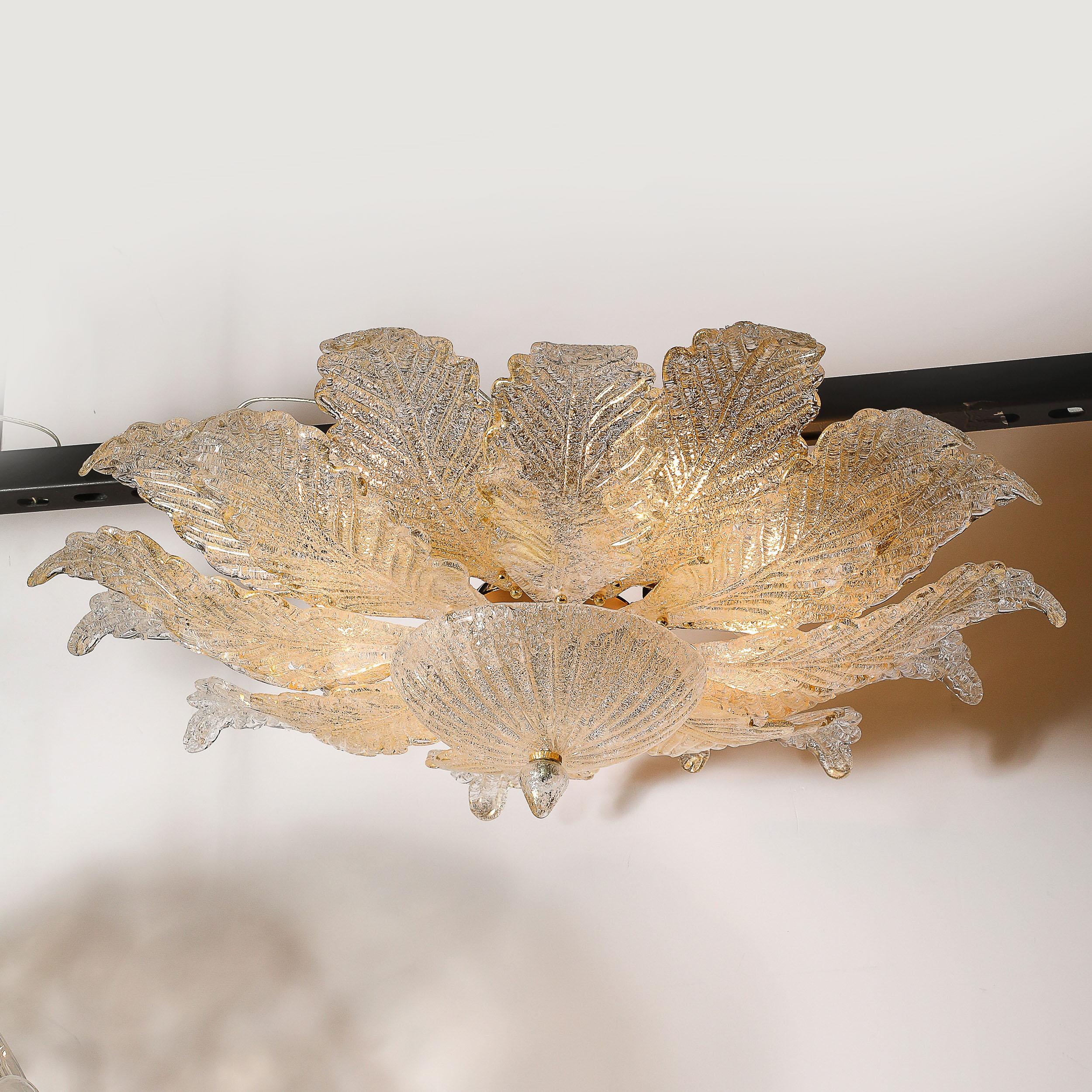 Italian Modernist Hand-Blown Mottled Murano 24K Gold Fleck Glass Acanthus Flush Mount For Sale