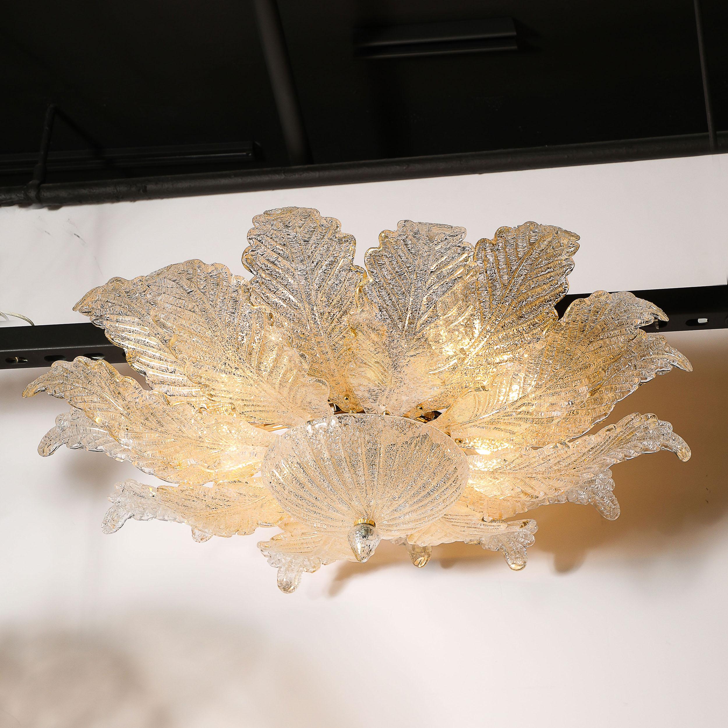Contemporary Modernist Hand-Blown Mottled Murano 24K Gold Fleck Glass Acanthus Flush Mount For Sale