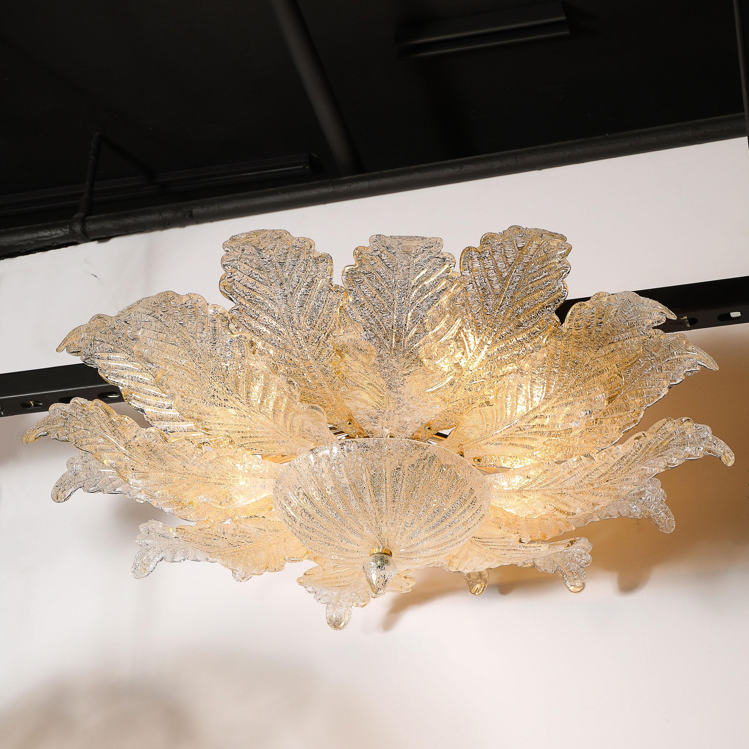 Modernist Hand-Blown Mottled Murano 24K Gold Fleck Glass Acanthus Flush Mount For Sale 2