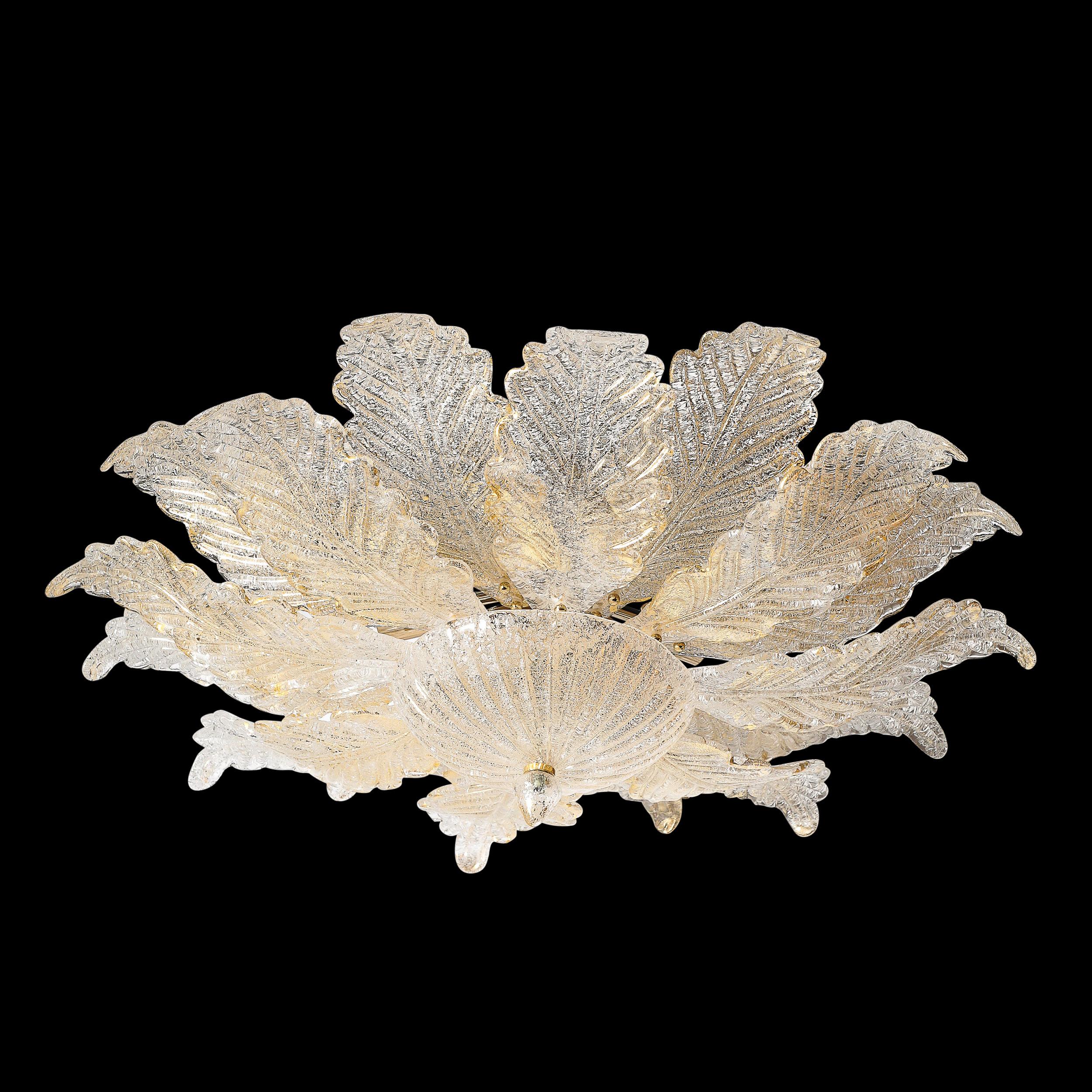 Modernist Hand-Blown Mottled Murano 24K Gold Fleck Glass Acanthus Flush Mount For Sale 3