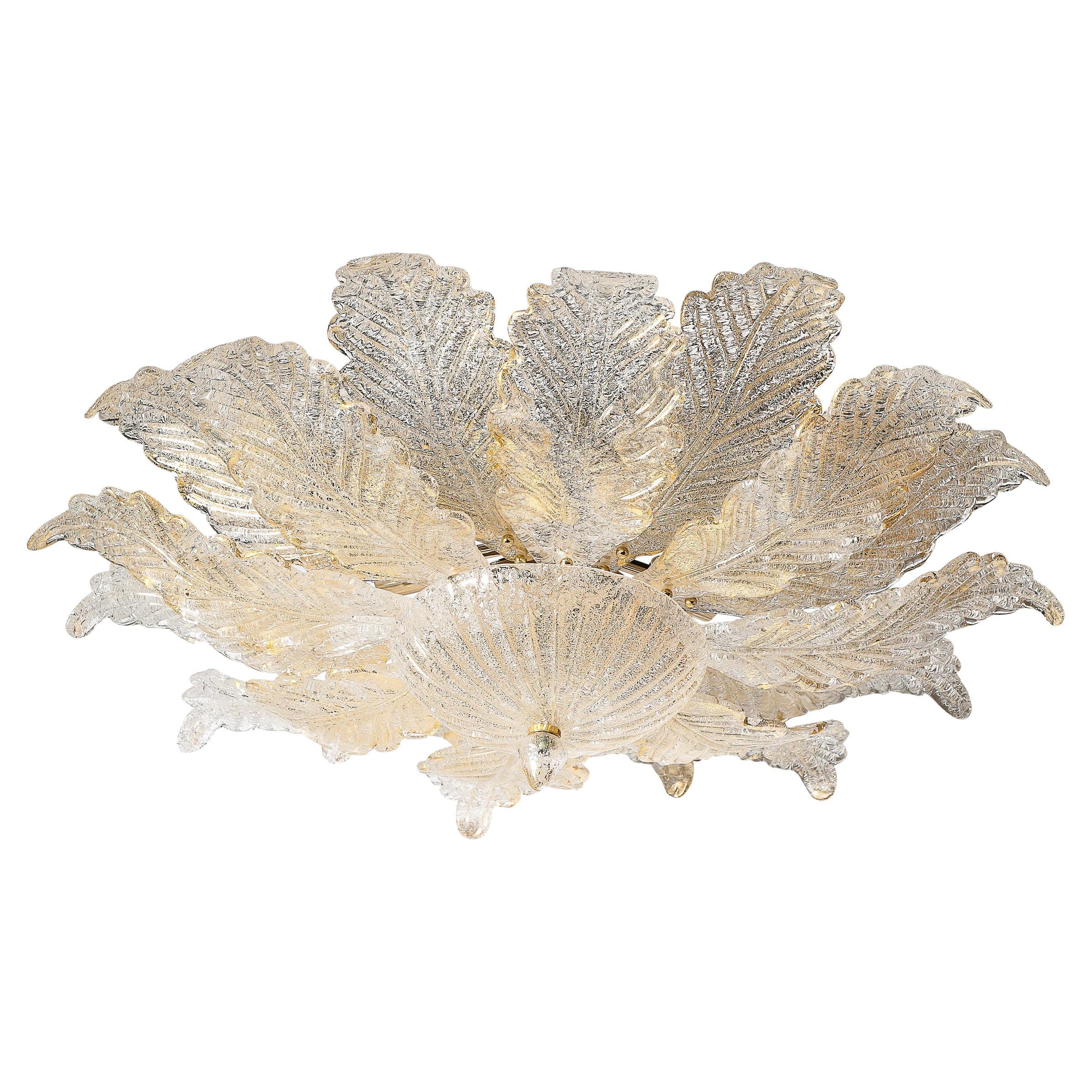 Modernist Hand-Blown Mottled Murano 24K Gold Fleck Glass Acanthus Flush Mount
