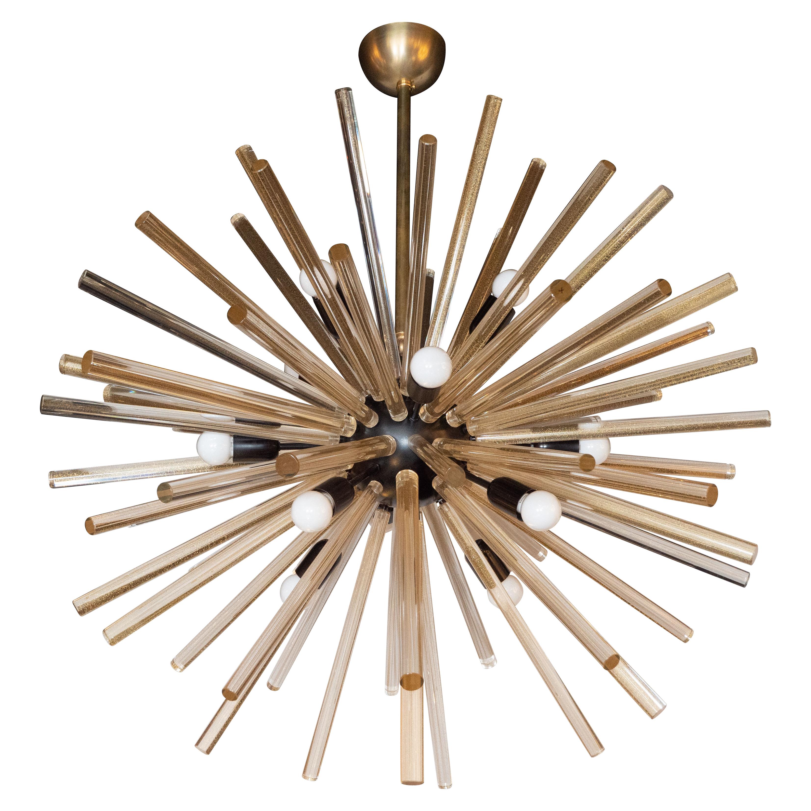 Modernista soffiato a mano di Murano in vetro traslucido oro 24 Kt e smalto nero Sputnik