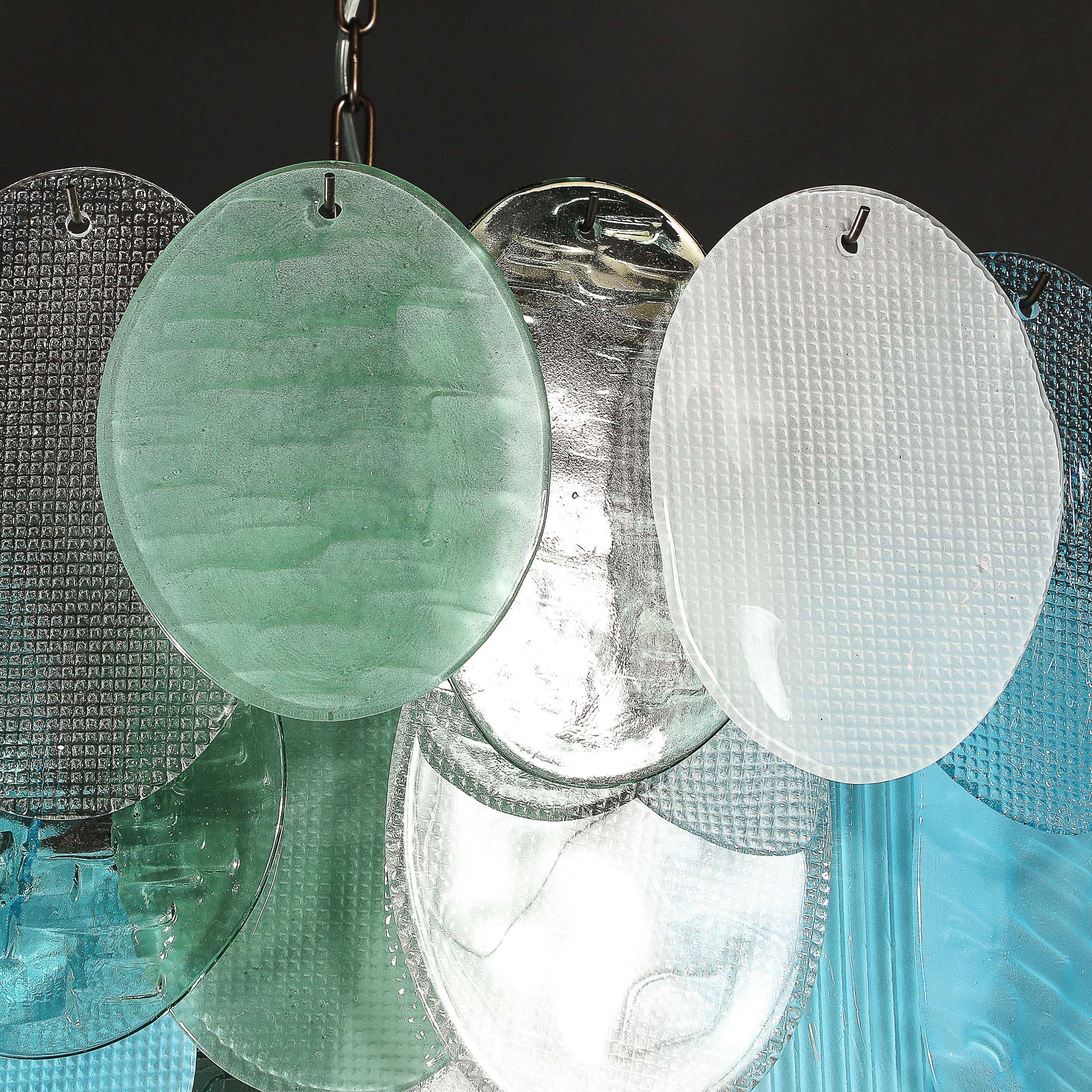 Lustre moderniste à 7 branches en forme de disque texturé en aigue-marine mélangée, soufflé à la main par Murano en vente 3