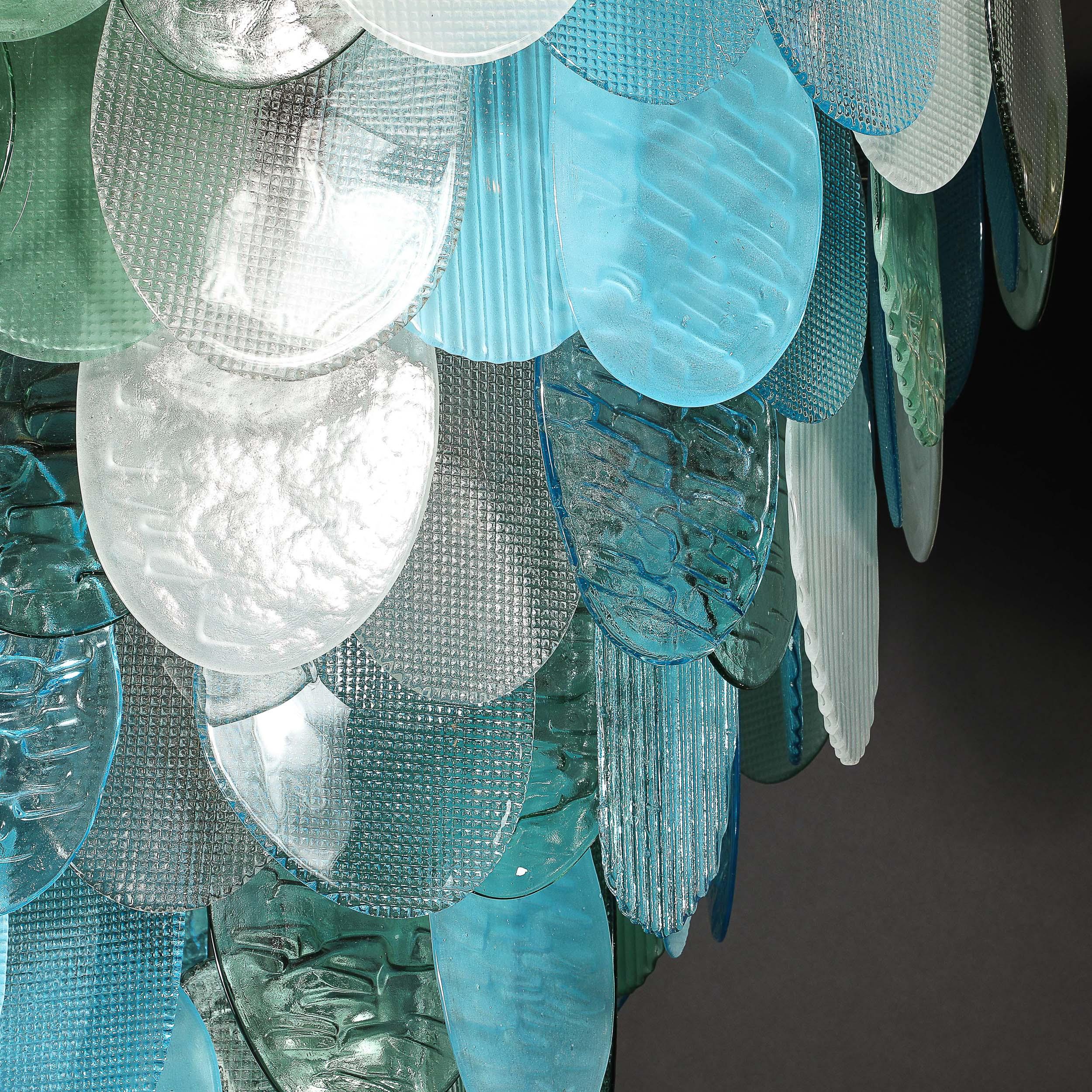 Lustre moderniste à 7 branches en forme de disque texturé en aigue-marine mélangée, soufflé à la main par Murano en vente 4