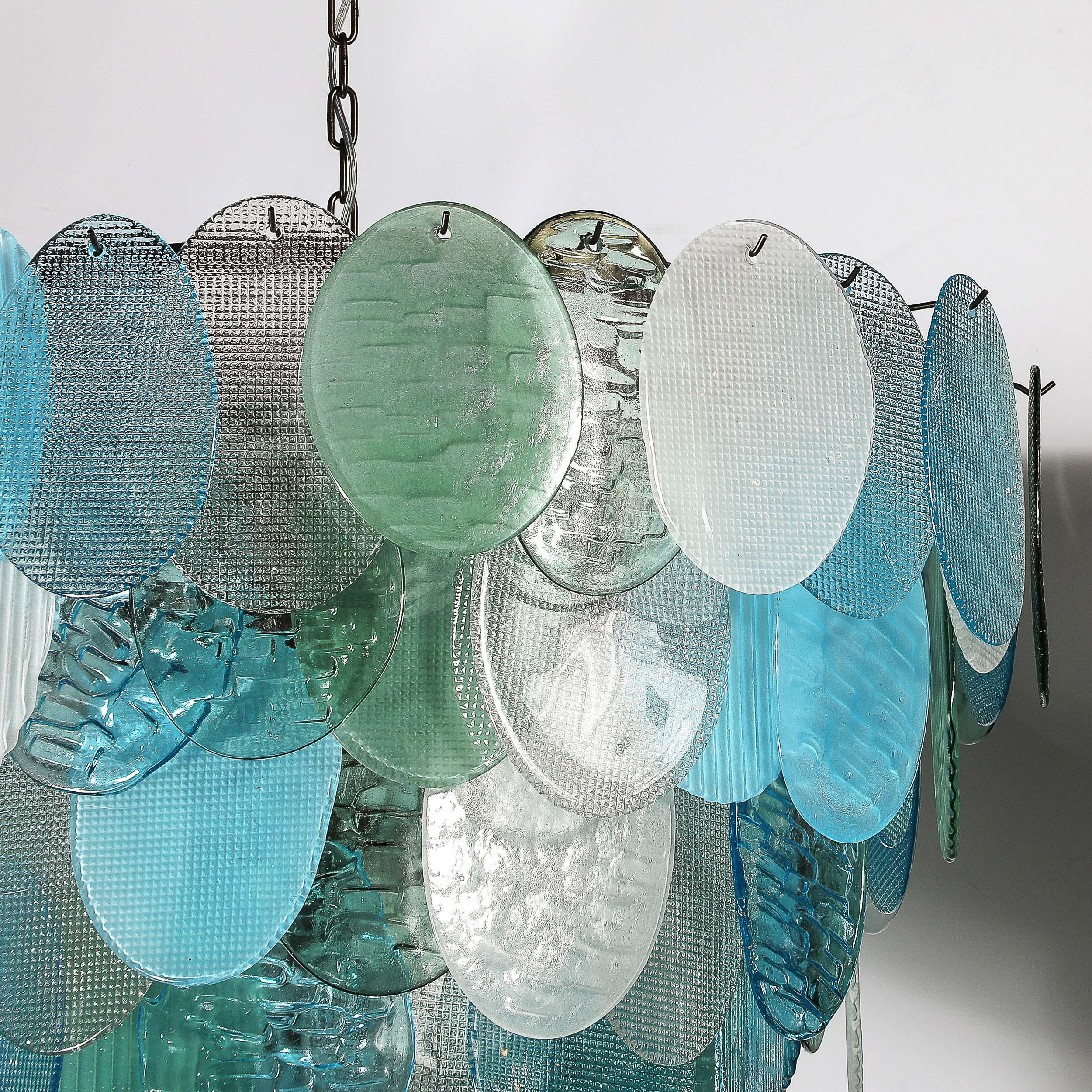 Lustre moderniste à 7 branches en forme de disque texturé en aigue-marine mélangée, soufflé à la main par Murano en vente 6