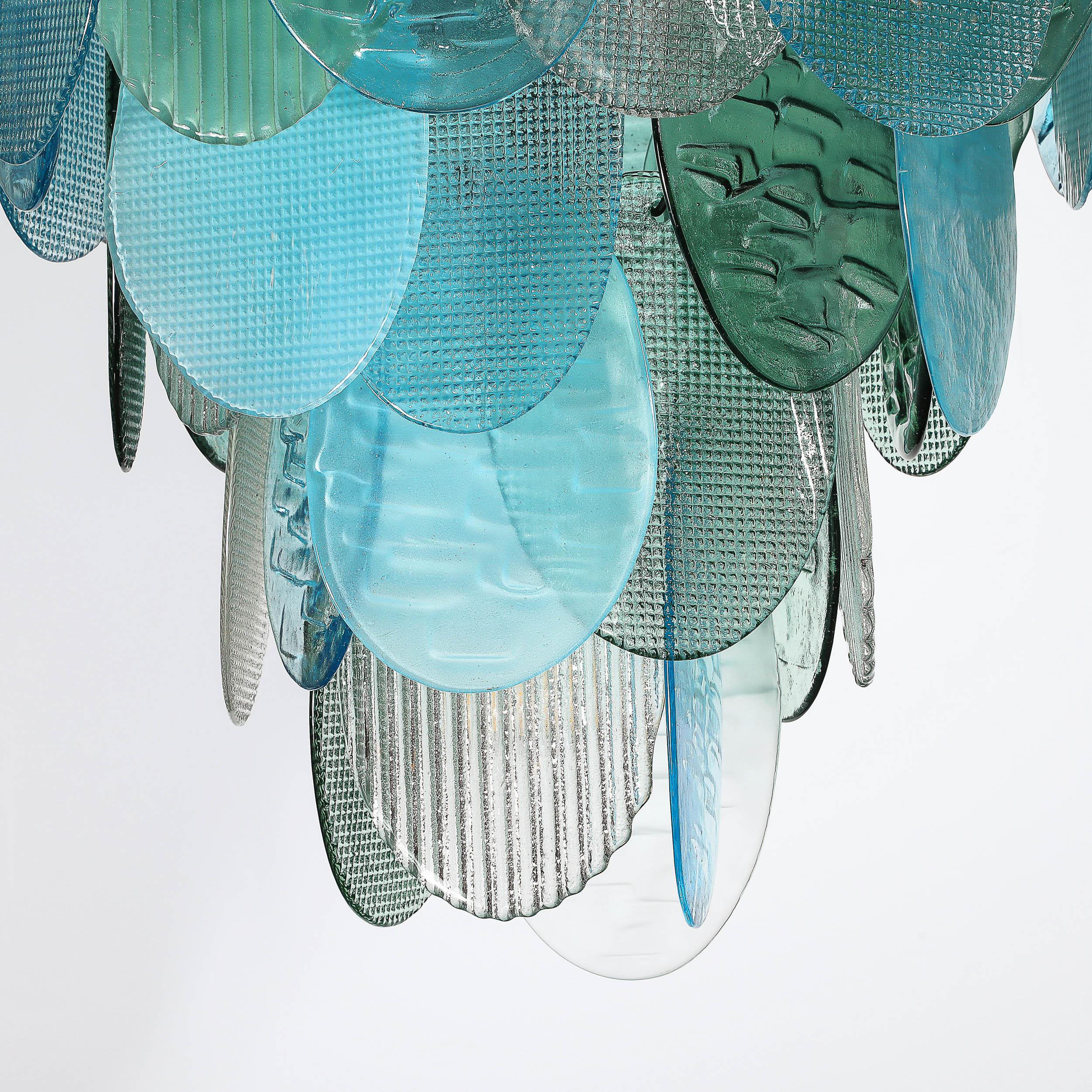 Lustre moderniste à 7 branches en forme de disque texturé en aigue-marine mélangée, soufflé à la main par Murano en vente 9