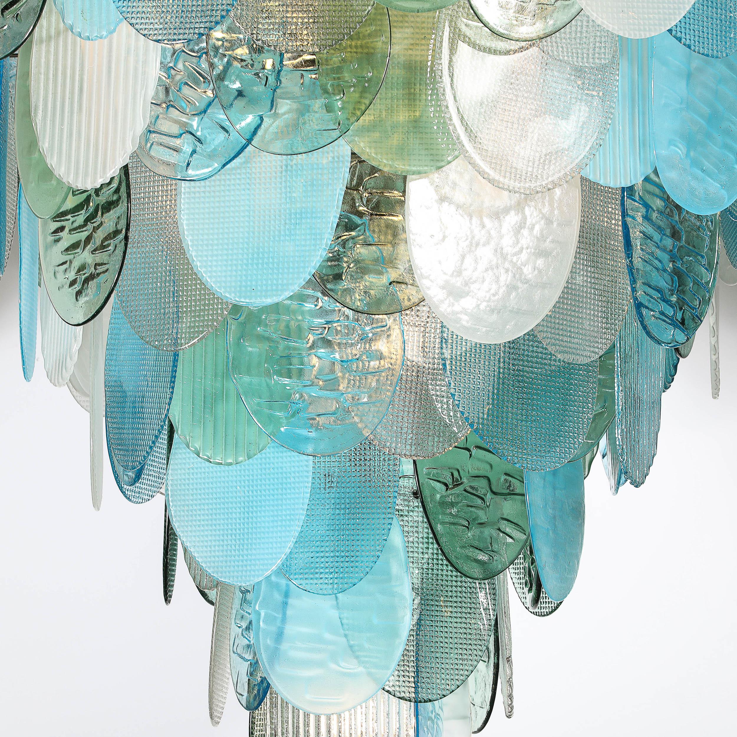 Lustre moderniste à 7 branches en forme de disque texturé en aigue-marine mélangée, soufflé à la main par Murano en vente 13