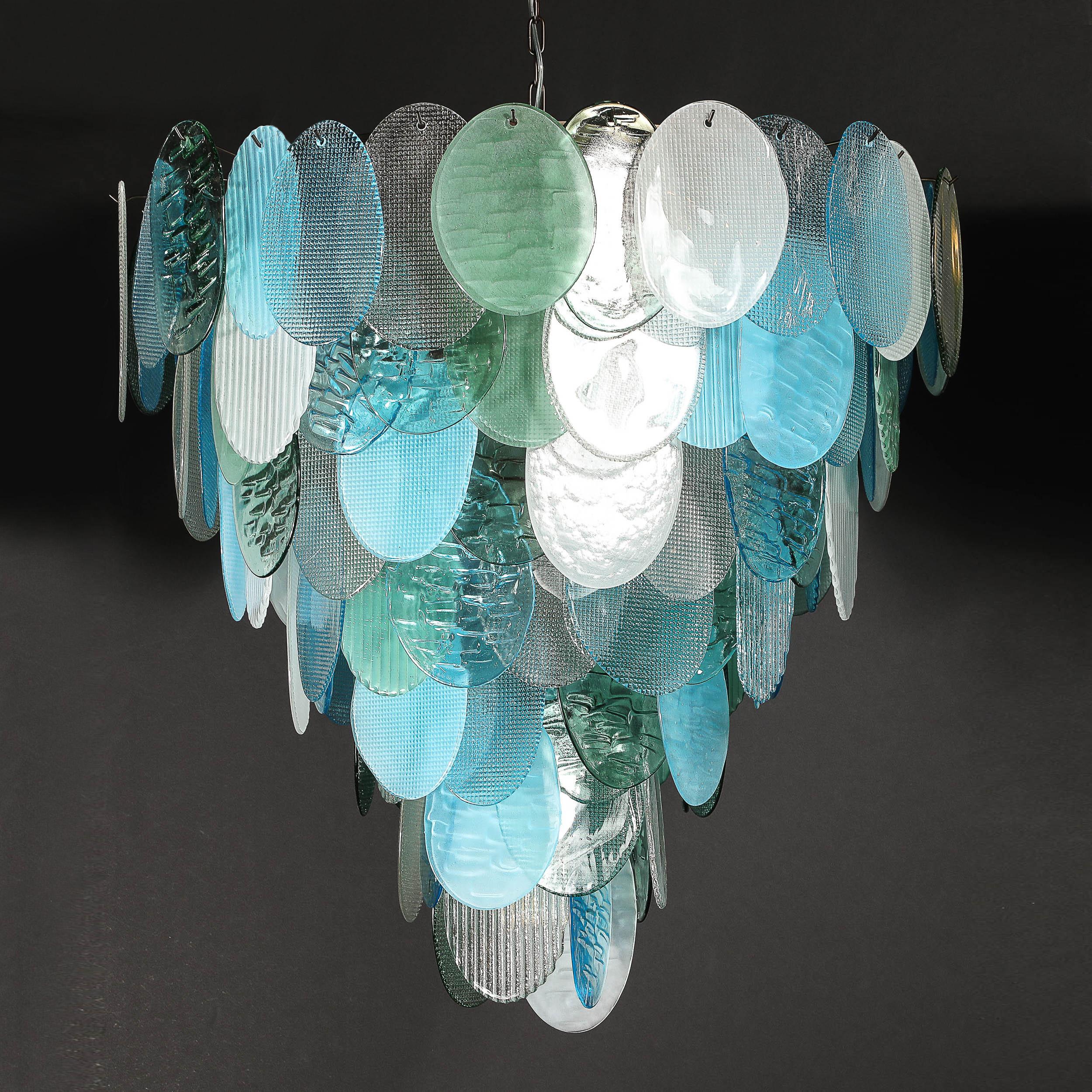 Lustre moderniste à 7 branches en forme de disque texturé en aigue-marine mélangée, soufflé à la main par Murano en vente 1