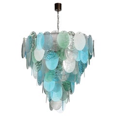 Modernist Hand-Blown Murano 7-Tier Textural Disc Chandelier in Mixed Aquamarine