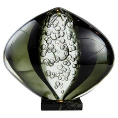 Modernist Hand Blown Murano Black and Translucent Bubble Glass Rhombus Sculpture